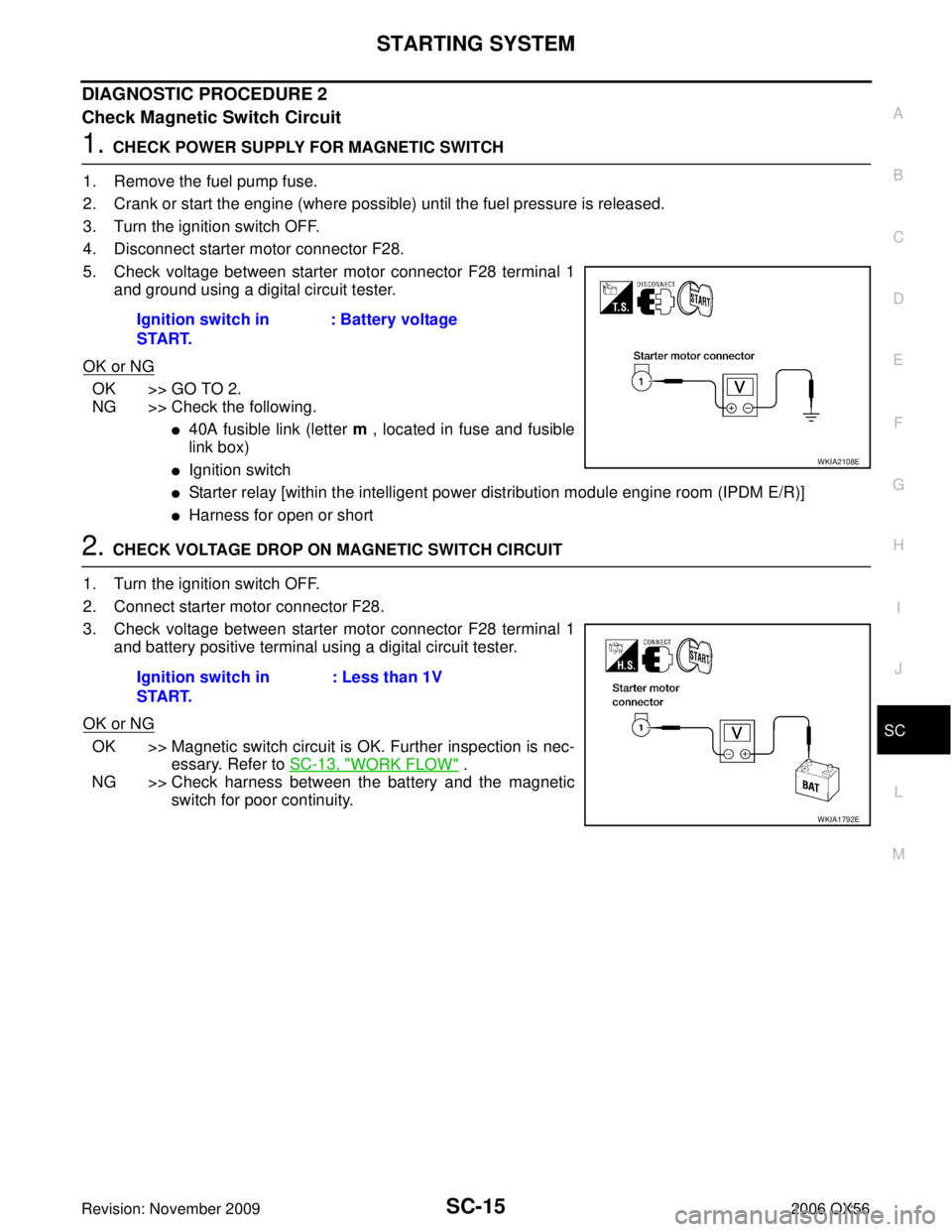 INFINITI QX56 2006  Factory Service Manual STARTING SYSTEMSC-15
C
DE
F
G H
I
J
L
M A
B
SC
Revision: November 2009 2006 QX56
DIAGNOSTIC PROCEDURE 2
Check Magnetic Switch Circuit
1. CHECK POWER SUPPLY FOR MAGNETIC SWITCH
1. Remove the fuel pump 