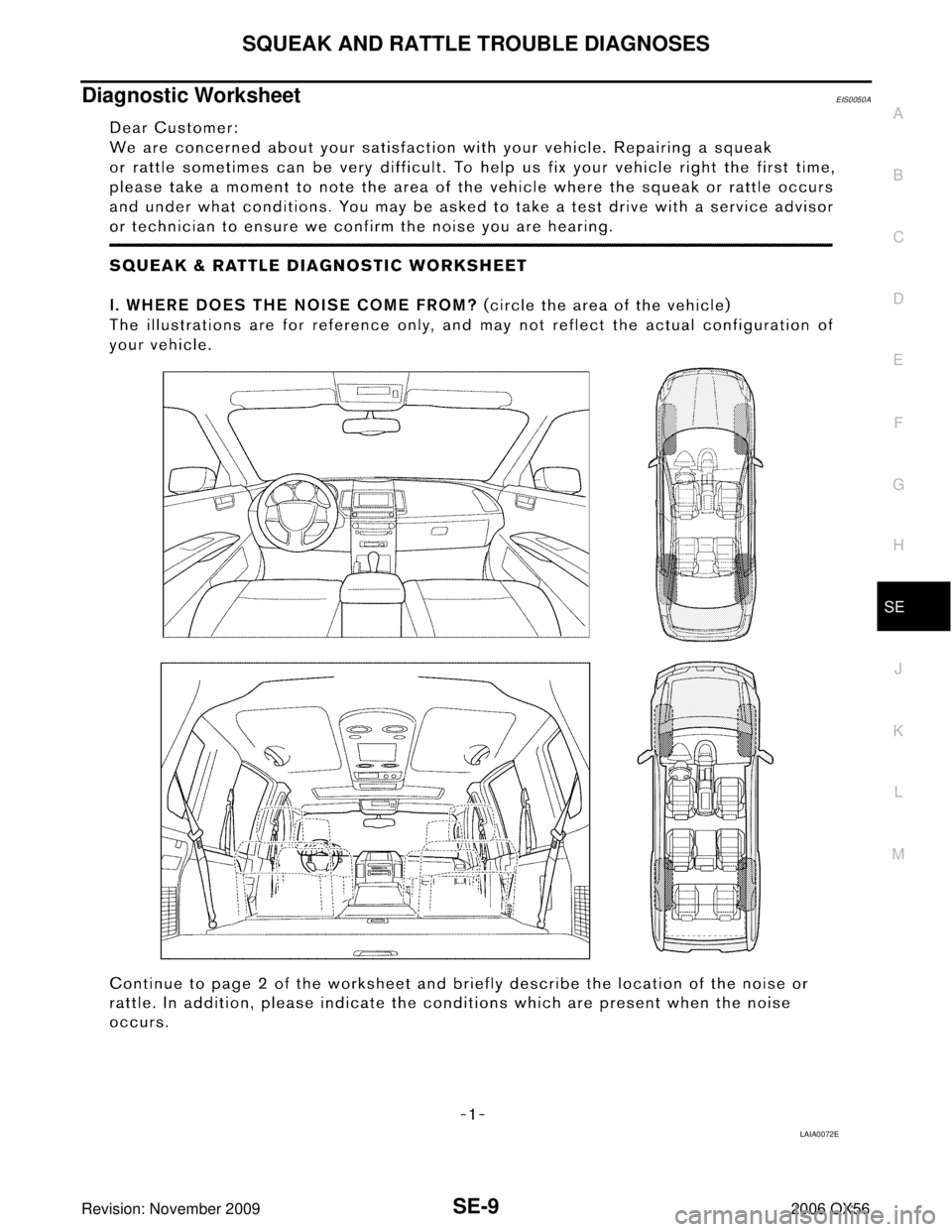 INFINITI QX56 2006  Factory Service Manual SQUEAK AND RATTLE TROUBLE DIAGNOSESSE-9
C
DE
F
G H
J
K L
M A
B
SE
Revision: November 2009 2006 QX56
Diagnostic WorksheetEIS0050A
LAIA0072E 