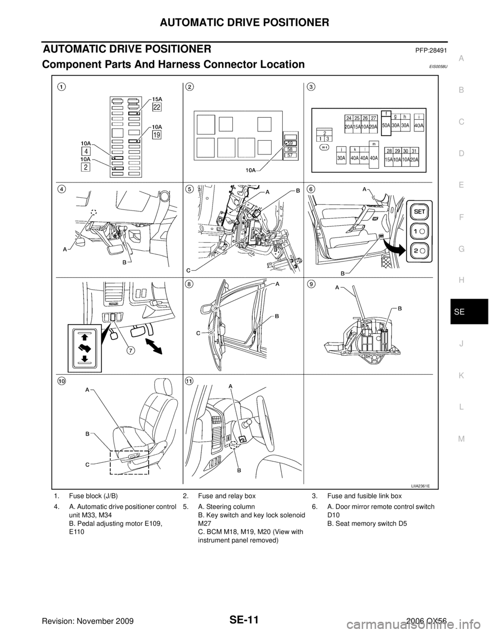 INFINITI QX56 2006  Factory Service Manual AUTOMATIC DRIVE POSITIONERSE-11
C
DE
F
G H
J
K L
M A
B
SE
Revision: November 2009 2006 QX56
AUTOMATIC DRIVE POSITIONERPFP:28491
Component Parts And Harness Connector LocationEIS0058U
1. Fuse block (J/