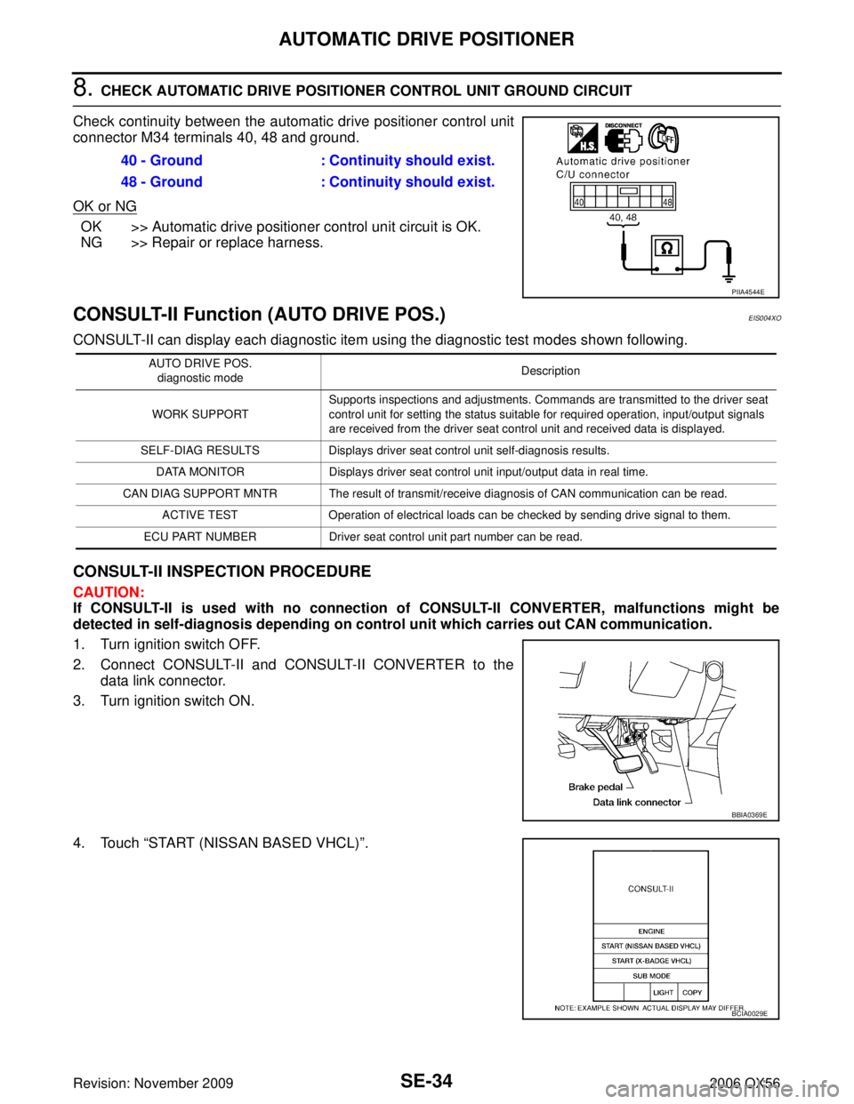 INFINITI QX56 2006  Factory Service Manual SE-34
AUTOMATIC DRIVE POSITIONER
Revision: November 20092006 QX56
8. CHECK AUTOMATIC DRIVE POSITIONER CONTROL UNIT GROUND CIRCUIT
Check continuity between the automatic drive positioner control unit
c