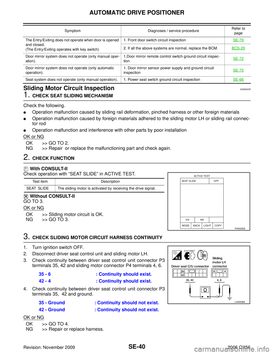 INFINITI QX56 2006 Factory Service Manual SE-40
AUTOMATIC DRIVE POSITIONER
Revision: November 20092006 QX56
Sliding Motor Circuit InspectionEIS004XR
1. CHECK SEAT SLIDING MECHANISM
Check the following.
Operation malfunction caused by sliding INFINITI QX56 2006 Factory Service Manual SE-40
AUTOMATIC DRIVE POSITIONER
Revision: November 20092006 QX56
Sliding Motor Circuit InspectionEIS004XR
1. CHECK SEAT SLIDING MECHANISM
Check the following.
Operation malfunction caused by sliding