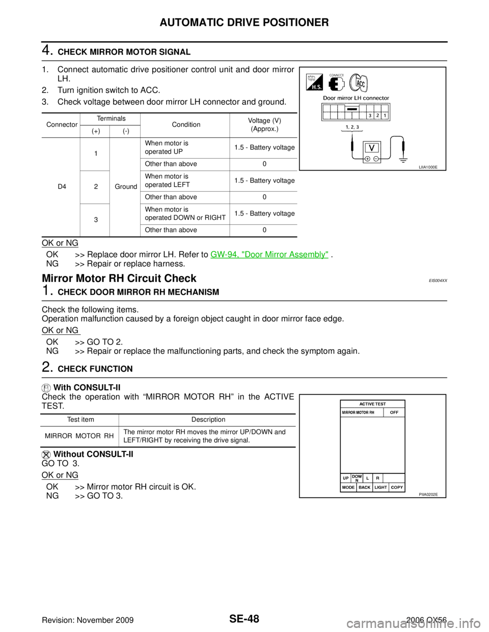 INFINITI QX56 2006  Factory Service Manual SE-48
AUTOMATIC DRIVE POSITIONER
Revision: November 20092006 QX56
4. CHECK MIRROR MOTOR SIGNAL
1. Connect automatic drive positioner control unit and door mirror LH.
2. Turn ignition switch to ACC.
3.