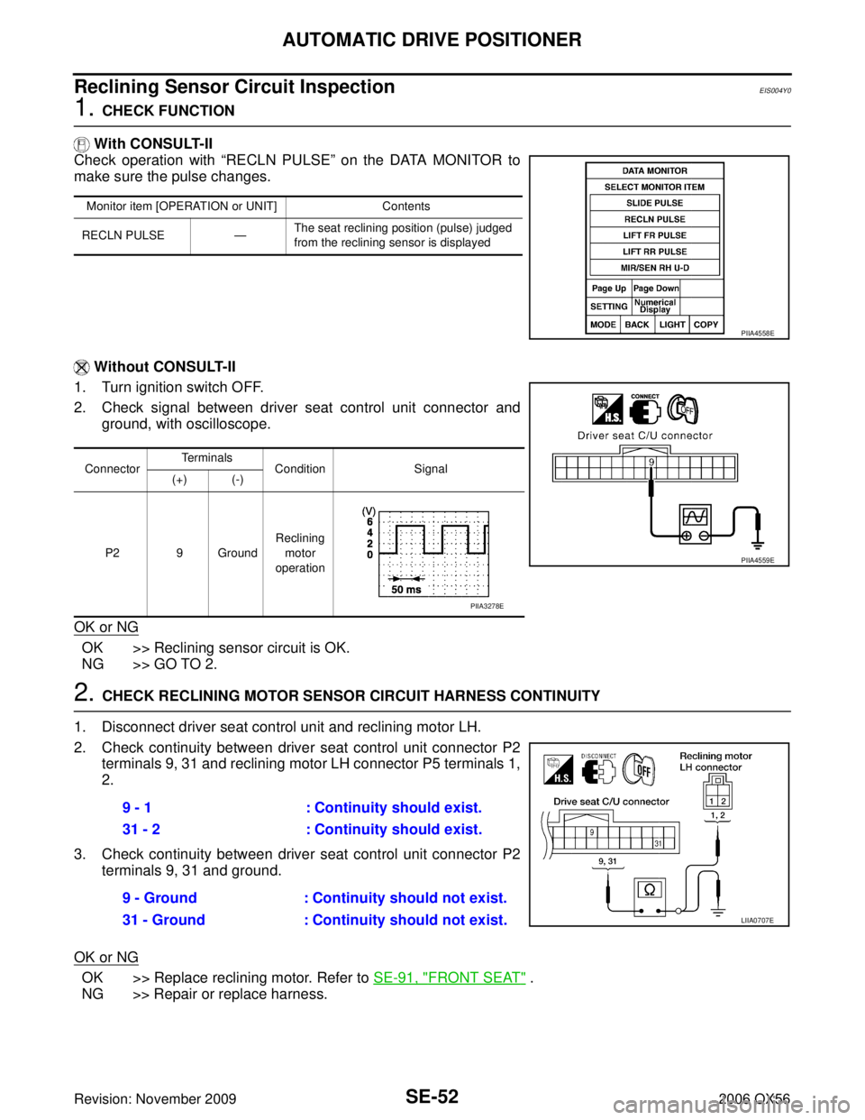 INFINITI QX56 2006  Factory Service Manual SE-52
AUTOMATIC DRIVE POSITIONER
Revision: November 20092006 QX56
Reclining Sensor Circuit InspectionEIS004Y0
1. CHECK FUNCTION
  With CONSULT-II
Check operation with  “RECLN PULSE” on the DATA MO