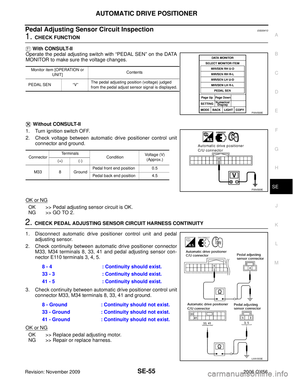 INFINITI QX56 2006 Factory Service Manual AUTOMATIC DRIVE POSITIONERSE-55
C
DE
F
G H
J
K L
M A
B
SE
Revision: November 2009 2006 QX56
Pedal Adjusting Sensor Circuit InspectionEIS004Y3
1. CHECK FUNCTION
With CONSULT-II
Operate the pedal adjus INFINITI QX56 2006 Factory Service Manual AUTOMATIC DRIVE POSITIONERSE-55
C
DE
F
G H
J
K L
M A
B
SE
Revision: November 2009 2006 QX56
Pedal Adjusting Sensor Circuit InspectionEIS004Y3
1. CHECK FUNCTION
With CONSULT-II
Operate the pedal adjus