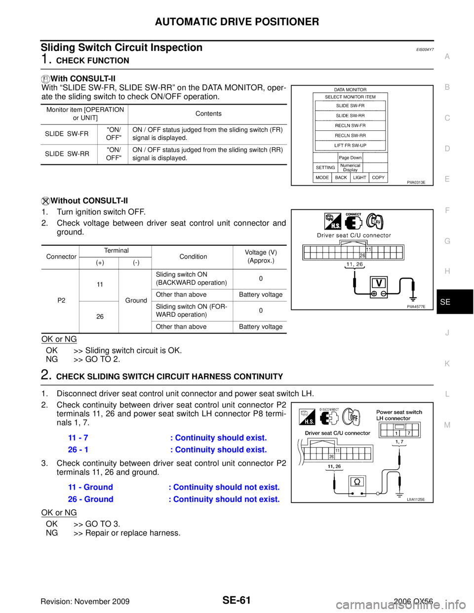 INFINITI QX56 2006 Factory Service Manual AUTOMATIC DRIVE POSITIONERSE-61
C
DE
F
G H
J
K L
M A
B
SE
Revision: November 2009 2006 QX56
Sliding Switch Circuit InspectionEIS004Y7
1. CHECK FUNCTION
With CONSULT-II
With “SLIDE SW-FR, SLIDE SW-RR INFINITI QX56 2006 Factory Service Manual AUTOMATIC DRIVE POSITIONERSE-61
C
DE
F
G H
J
K L
M A
B
SE
Revision: November 2009 2006 QX56
Sliding Switch Circuit InspectionEIS004Y7
1. CHECK FUNCTION
With CONSULT-II
With “SLIDE SW-FR, SLIDE SW-RR