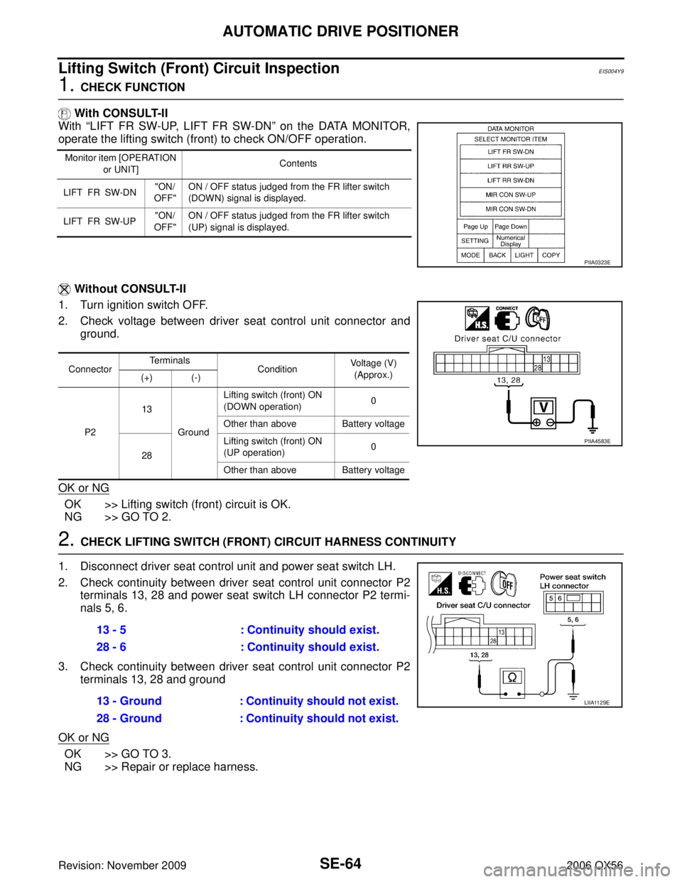 INFINITI QX56 2006  Factory Service Manual SE-64
AUTOMATIC DRIVE POSITIONER
Revision: November 20092006 QX56
Lifting Switch (Front) Circuit InspectionEIS004Y9
1. CHECK FUNCTION
 With CONSULT-II
With  “LIFT FR SW-UP, LIFT FR SW-DN ” on the 