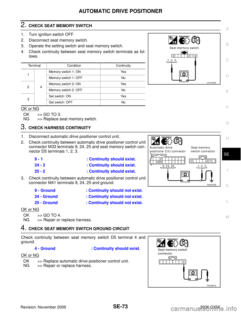 INFINITI QX56 2006 Factory Service Manual AUTOMATIC DRIVE POSITIONERSE-73
C
DE
F
G H
J
K L
M A
B
SE
Revision: November 2009 2006 QX56
2. CHECK SEAT MEMORY SWITCH
1. Turn ignition switch OFF.
2. Disconnect seat memory switch.
3. Operate the se INFINITI QX56 2006 Factory Service Manual AUTOMATIC DRIVE POSITIONERSE-73
C
DE
F
G H
J
K L
M A
B
SE
Revision: November 2009 2006 QX56
2. CHECK SEAT MEMORY SWITCH
1. Turn ignition switch OFF.
2. Disconnect seat memory switch.
3. Operate the se