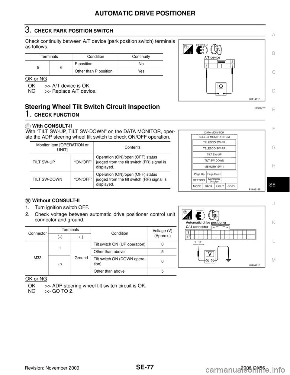 INFINITI QX56 2006 Factory Service Manual AUTOMATIC DRIVE POSITIONERSE-77
C
DE
F
G H
J
K L
M A
B
SE
Revision: November 2009 2006 QX56
3. CHECK PARK POSITION SWITCH
Check continuity between A/T device (park position switch) terminals
as follow INFINITI QX56 2006 Factory Service Manual AUTOMATIC DRIVE POSITIONERSE-77
C
DE
F
G H
J
K L
M A
B
SE
Revision: November 2009 2006 QX56
3. CHECK PARK POSITION SWITCH
Check continuity between A/T device (park position switch) terminals
as follow
