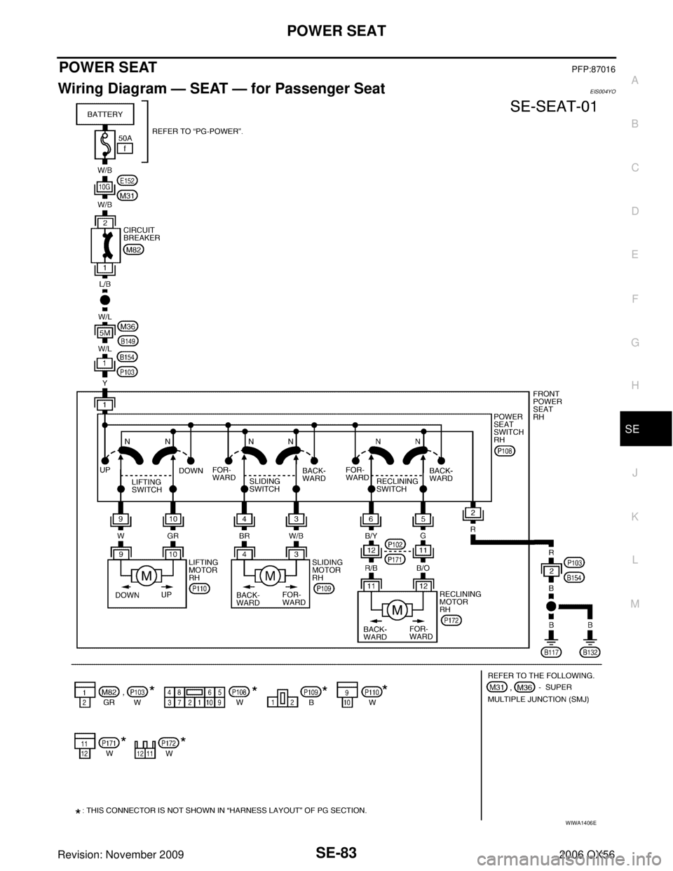 INFINITI QX56 2006  Factory Service Manual POWER SEATSE-83
C
DE
F
G H
J
K L
M A
B
SE
Revision: November 2009 2006 QX56
POWER SEATPFP:87016
Wiring Diagram — SEAT — for Passenger SeatEIS004YO
WIWA1406E 
