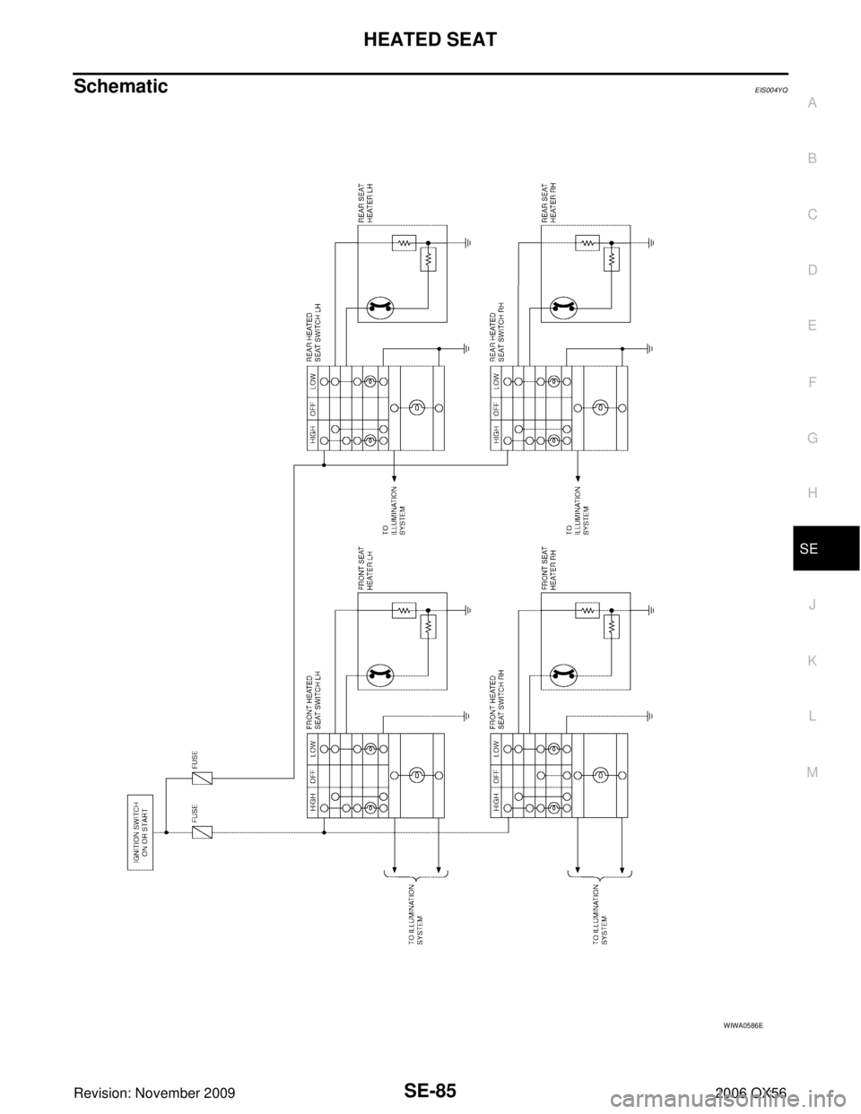 INFINITI QX56 2006  Factory Service Manual HEATED SEATSE-85
C
DE
F
G H
J
K L
M A
B
SE
Revision: November 2009 2006 QX56
SchematicEIS004YQ
WIWA0586E 