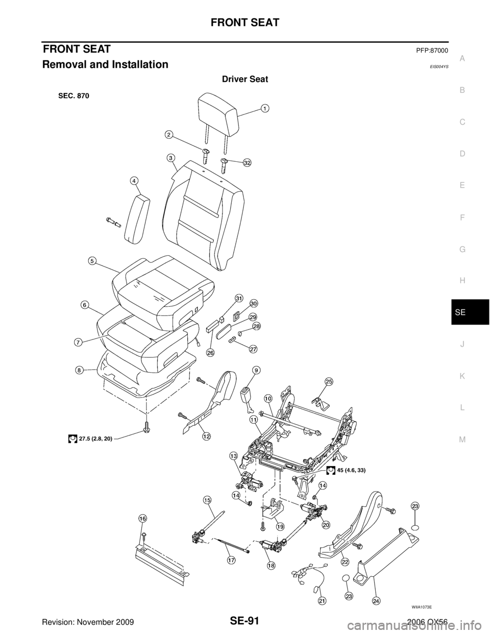 INFINITI QX56 2006  Factory Service Manual FRONT SEATSE-91
C
DE
F
G H
J
K L
M A
B
SE
Revision: November 2009 2006 QX56
FRONT SEATPFP:87000
Removal and Installation EIS004YS
Driver Seat
WIIA1073E 