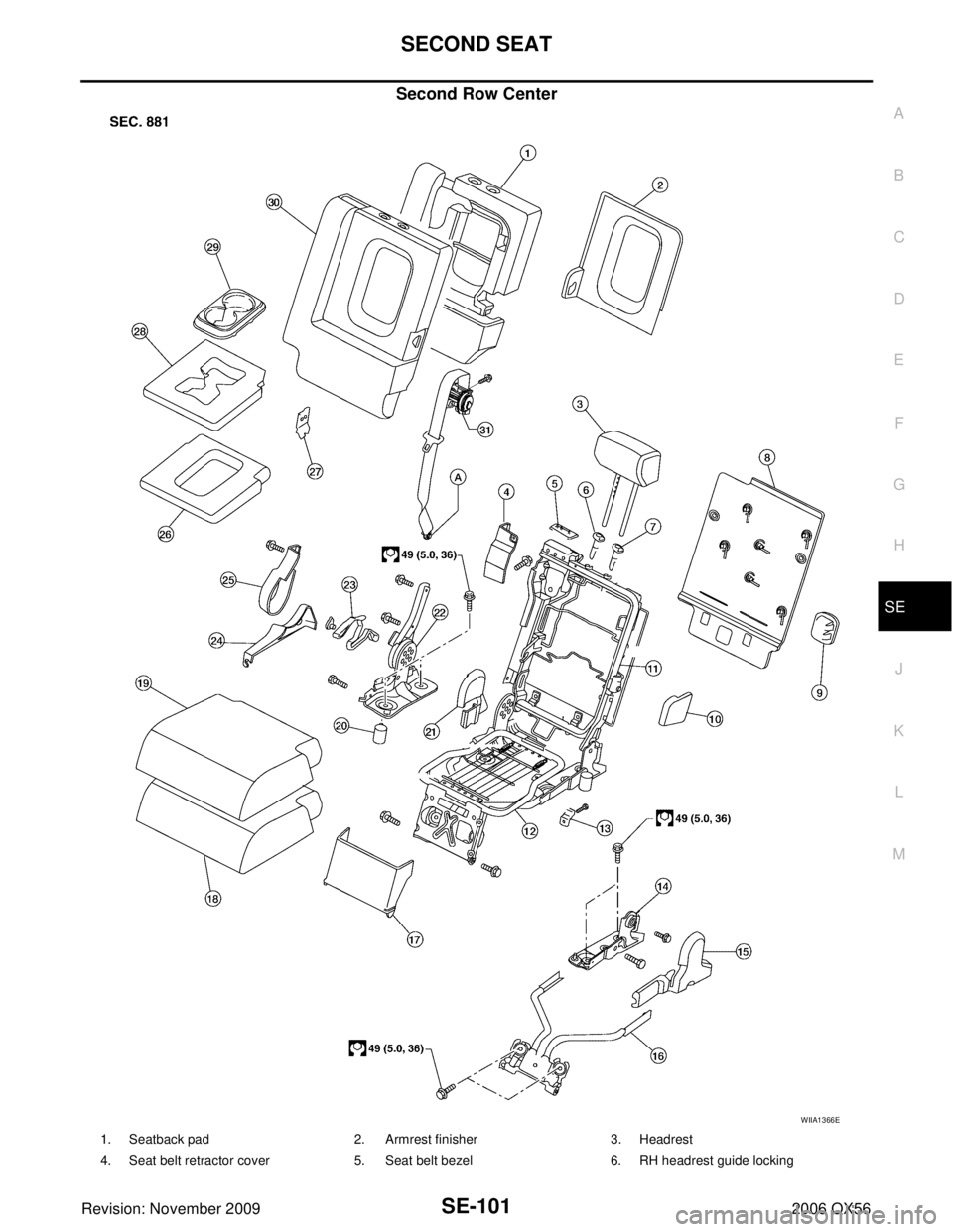 INFINITI QX56 2006  Factory Service Manual SECOND SEATSE-101
C
DE
F
G H
J
K L
M A
B
SE
Revision: November 2009 2006 QX56
Second Row Center
WIIA1366E
1. Seatback pad2. Armrest finisher 3. Headrest
4. Seat belt retractor cover 5. Seat belt bezel