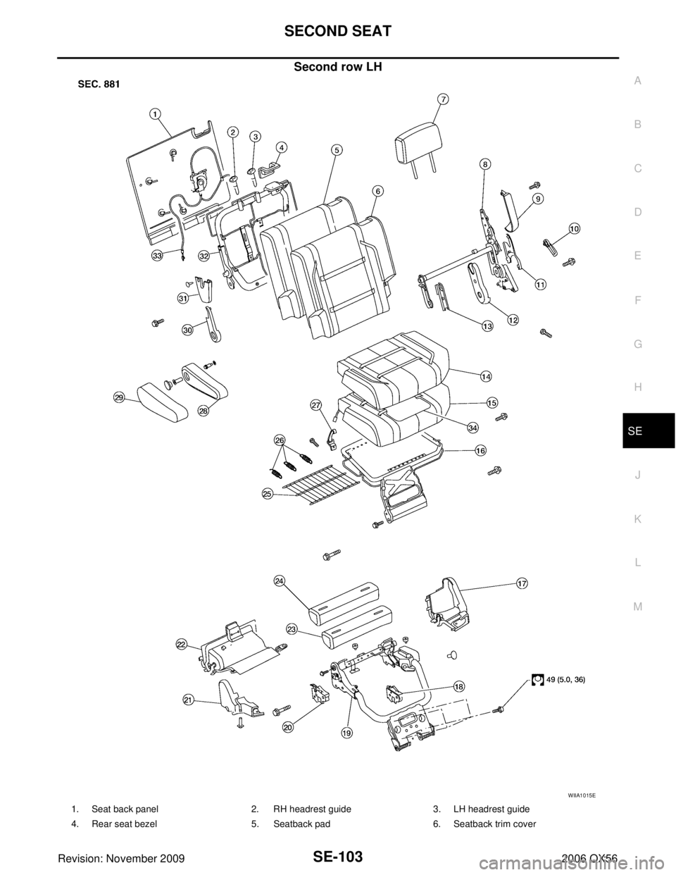 INFINITI QX56 2006  Factory Service Manual SECOND SEATSE-103
C
DE
F
G H
J
K L
M A
B
SE
Revision: November 2009 2006 QX56
Second row LH
WIIA1015E
1. Seat back panel2. RH headrest guide 3. LH headrest guide
4. Rear seat bezel 5. Seatback pad 6. 