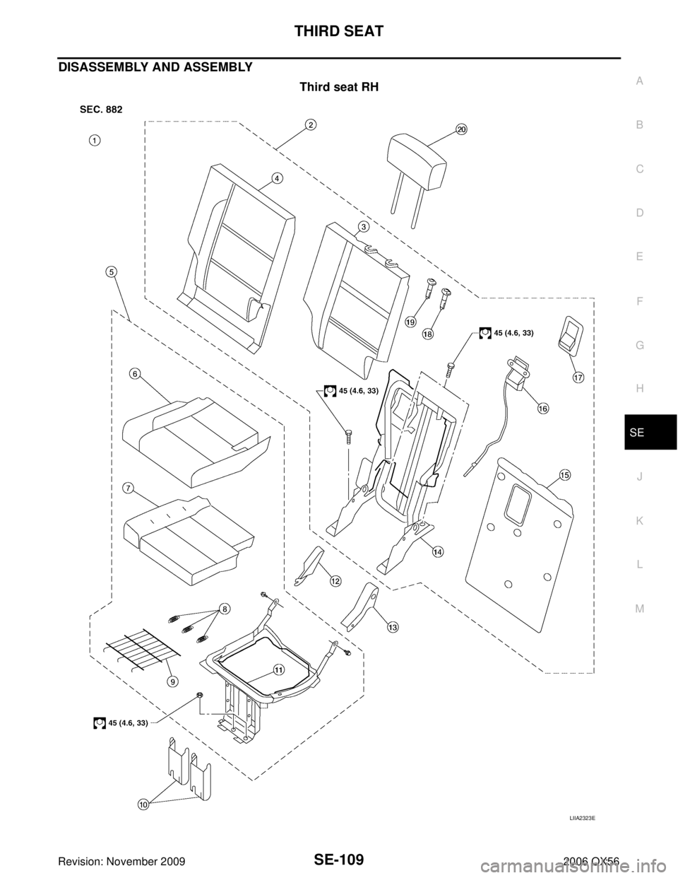 INFINITI QX56 2006  Factory Service Manual THIRD SEATSE-109
C
DE
F
G H
J
K L
M A
B
SE
Revision: November 2009 2006 QX56
DISASSEMBLY AND ASSEMBLY
Third seat RH
LIIA2323E 