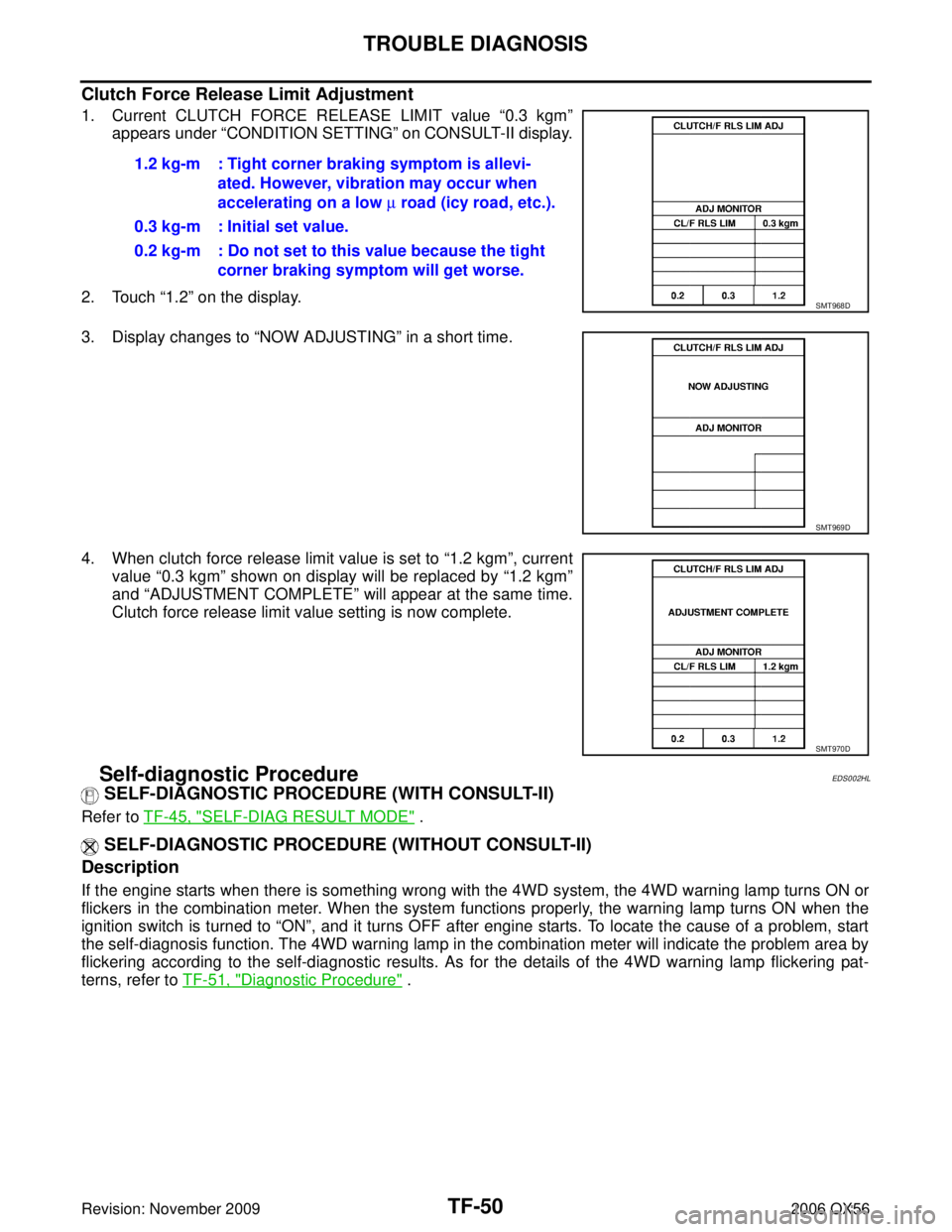 INFINITI QX56 2006  Factory Service Manual TF-50
TROUBLE DIAGNOSIS
Revision: November 20092006 QX56
Clutch Force Release Limit Adjustment
1. Current CLUTCH FORCE RELEASE LIMIT value “0.3 kgm”
appears under  “CONDITION SETTING ” on CONS