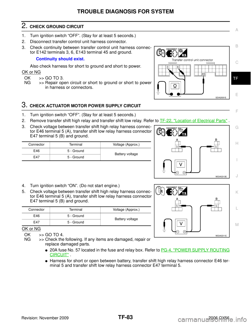 INFINITI QX56 2006  Factory Service Manual TROUBLE DIAGNOSIS FOR SYSTEMTF-83
CE F
G H
I
J
K L
M A
B
TF
Revision: November 2009 2006 QX56
2. CHECK GROUND CIRCUIT
1. Turn ignition switch  “OFF”. (Stay for at least 5 seconds.)
2. Disconnect t