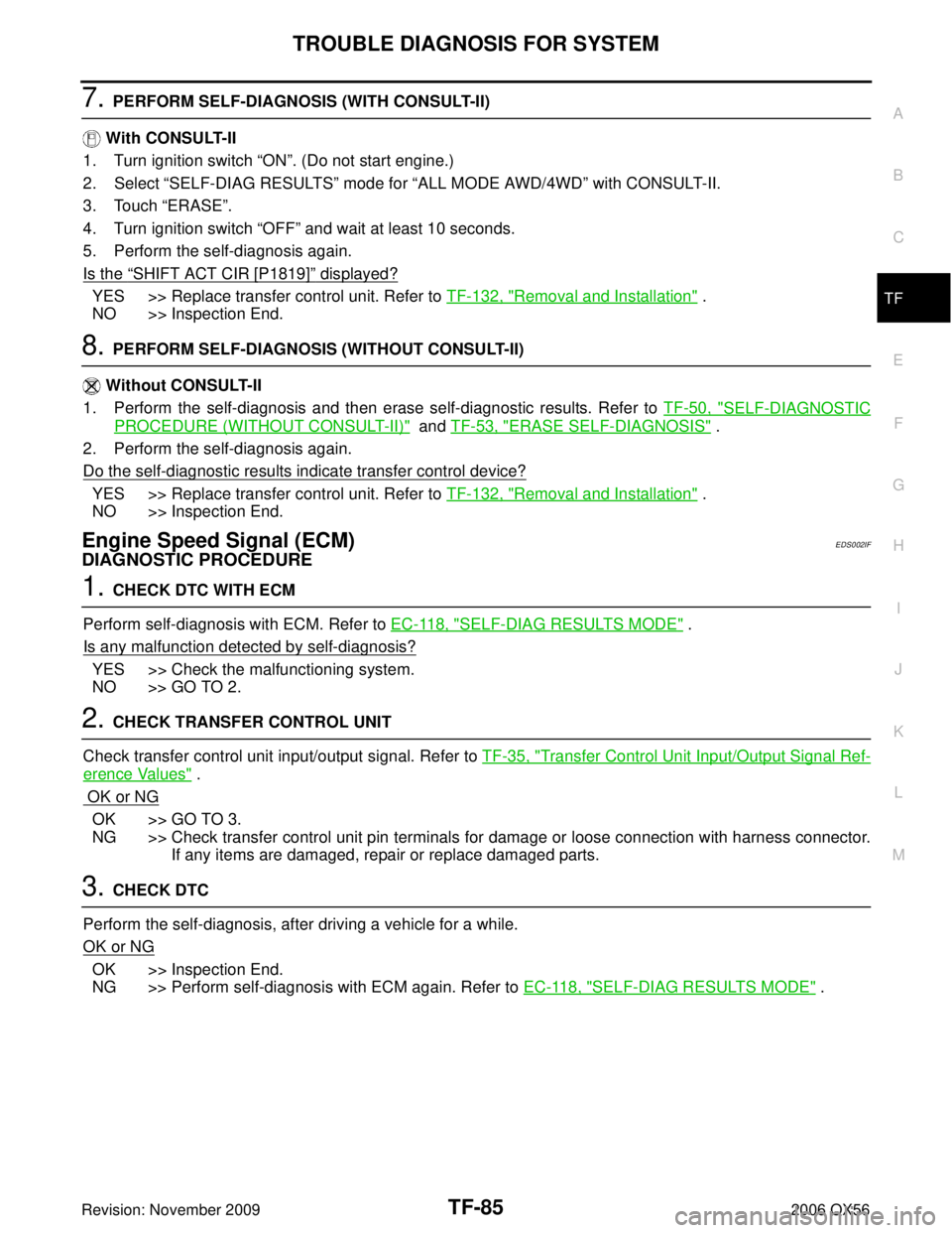 INFINITI QX56 2006 Factory Service Manual TROUBLE DIAGNOSIS FOR SYSTEMTF-85
CE F
G H
I
J
K L
M A
B
TF
Revision: November 2009 2006 QX56
7. PERFORM SELF-DIAGNOSIS (WITH CONSULT-II)
With CONSULT-II
1. Turn ignition switch “ON”. (Do not s INFINITI QX56 2006 Factory Service Manual TROUBLE DIAGNOSIS FOR SYSTEMTF-85
CE F
G H
I
J
K L
M A
B
TF
Revision: November 2009 2006 QX56
7. PERFORM SELF-DIAGNOSIS (WITH CONSULT-II)
With CONSULT-II
1. Turn ignition switch “ON”. (Do not s