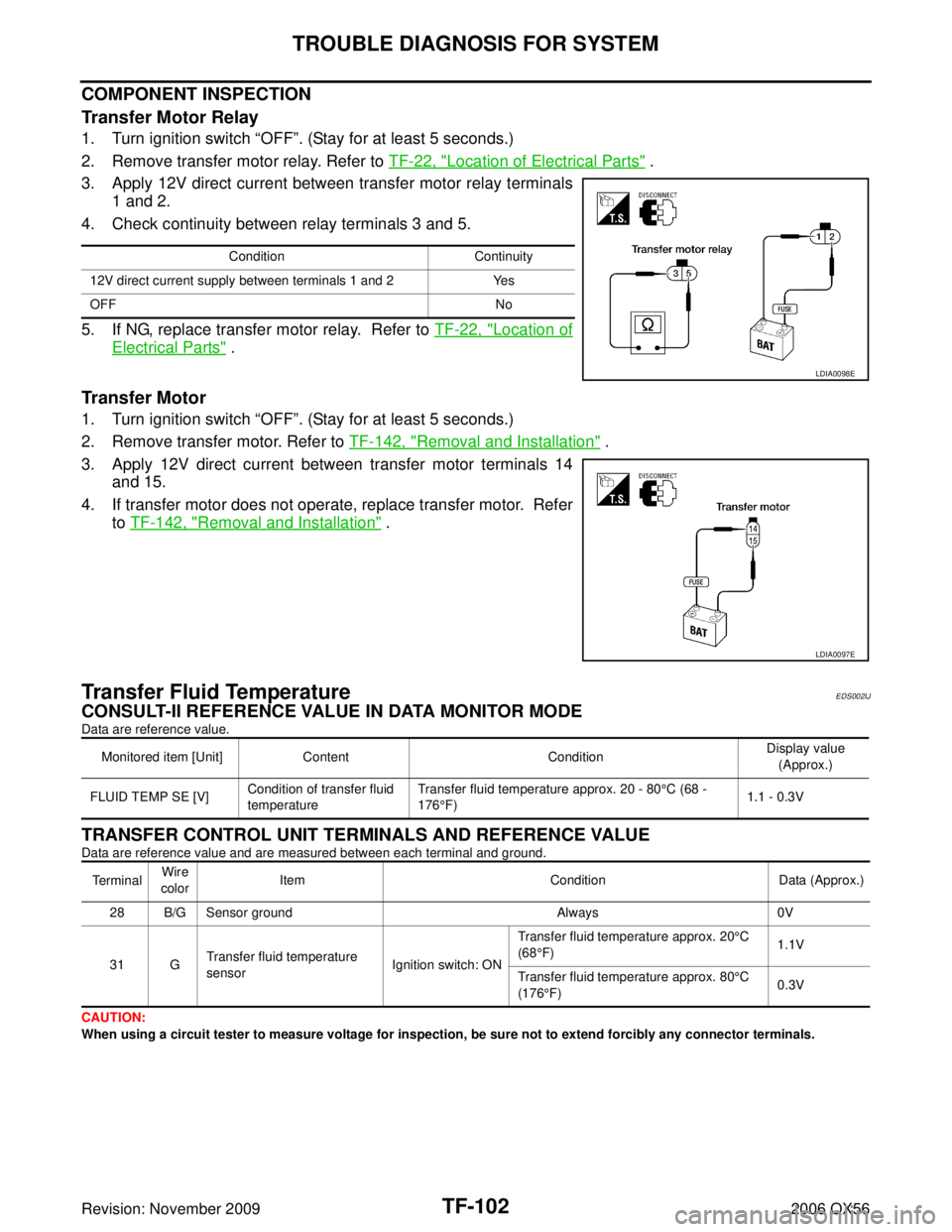 INFINITI QX56 2006  Factory Service Manual TF-102
TROUBLE DIAGNOSIS FOR SYSTEM
Revision: November 20092006 QX56
COMPONENT INSPECTION
Transfer Motor Relay
1. Turn ignition switch “OFF”. (Stay for at least 5 seconds.)
2. Remove transfer moto