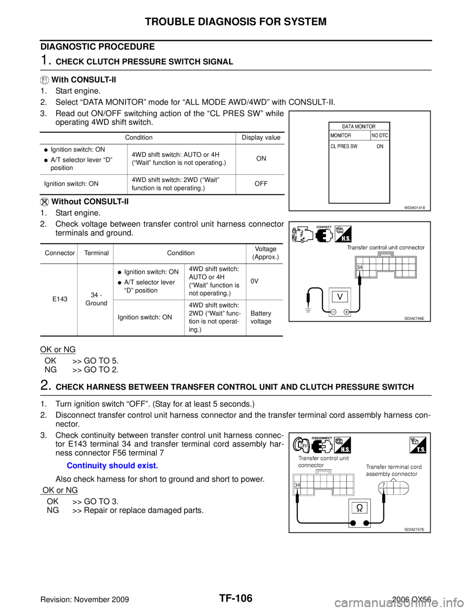 INFINITI QX56 2006 Factory Service Manual TF-106
TROUBLE DIAGNOSIS FOR SYSTEM
Revision: November 20092006 QX56
DIAGNOSTIC PROCEDURE
1. CHECK CLUTCH PRESSURE SWITCH SIGNAL
With CONSULT-II
1. Start engine.
2. Select “DATA MONITOR ” mode INFINITI QX56 2006 Factory Service Manual TF-106
TROUBLE DIAGNOSIS FOR SYSTEM
Revision: November 20092006 QX56
DIAGNOSTIC PROCEDURE
1. CHECK CLUTCH PRESSURE SWITCH SIGNAL
With CONSULT-II
1. Start engine.
2. Select “DATA MONITOR ” mode