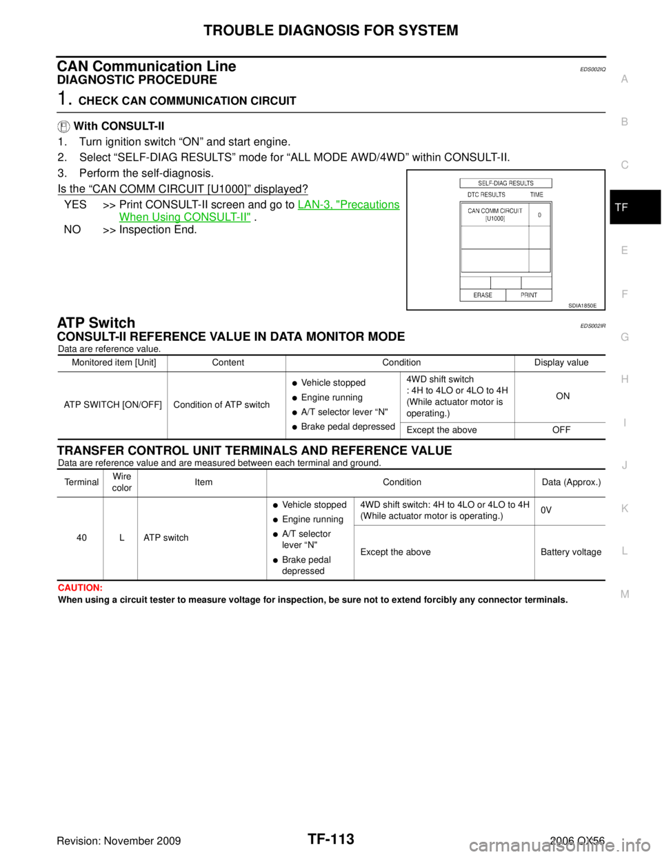INFINITI QX56 2006 Factory Service Manual TROUBLE DIAGNOSIS FOR SYSTEMTF-113
CE F
G H
I
J
K L
M A
B
TF
Revision: November 2009 2006 QX56
CAN Communication LineEDS002IQ
DIAGNOSTIC PROCEDURE
1. CHECK CAN COMMUNICATION CIRCUIT
With CONSULT-II
INFINITI QX56 2006 Factory Service Manual TROUBLE DIAGNOSIS FOR SYSTEMTF-113
CE F
G H
I
J
K L
M A
B
TF
Revision: November 2009 2006 QX56
CAN Communication LineEDS002IQ
DIAGNOSTIC PROCEDURE
1. CHECK CAN COMMUNICATION CIRCUIT
With CONSULT-II