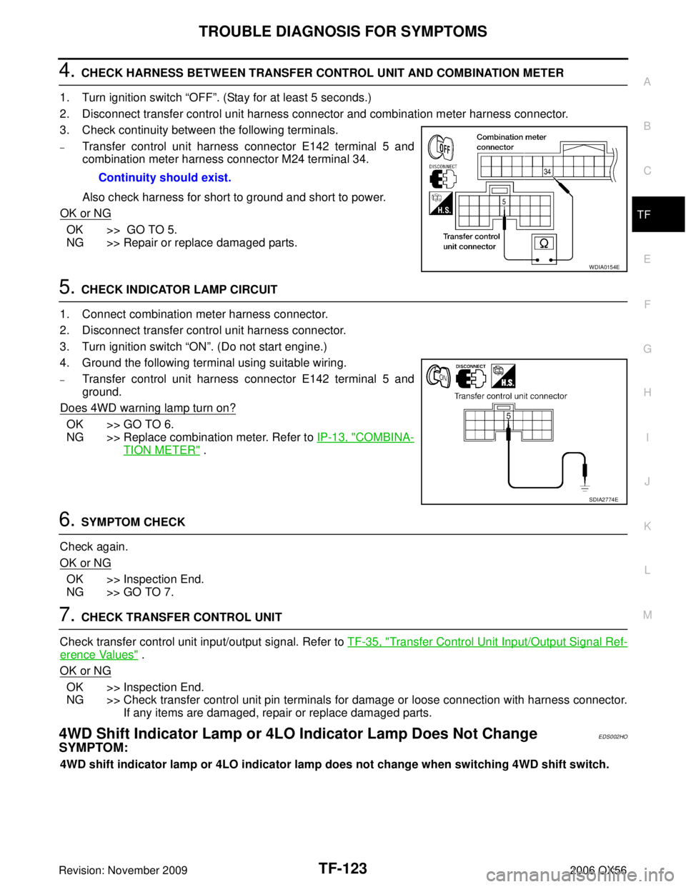 INFINITI QX56 2006  Factory Service Manual TROUBLE DIAGNOSIS FOR SYMPTOMSTF-123
CE F
G H
I
J
K L
M A
B
TF
Revision: November 2009 2006 QX56
4. CHECK HARNESS BETWEEN TRANSFER CONTROL UNIT AND COMBINATION METER
1. Turn ignition switch  “OFF”
