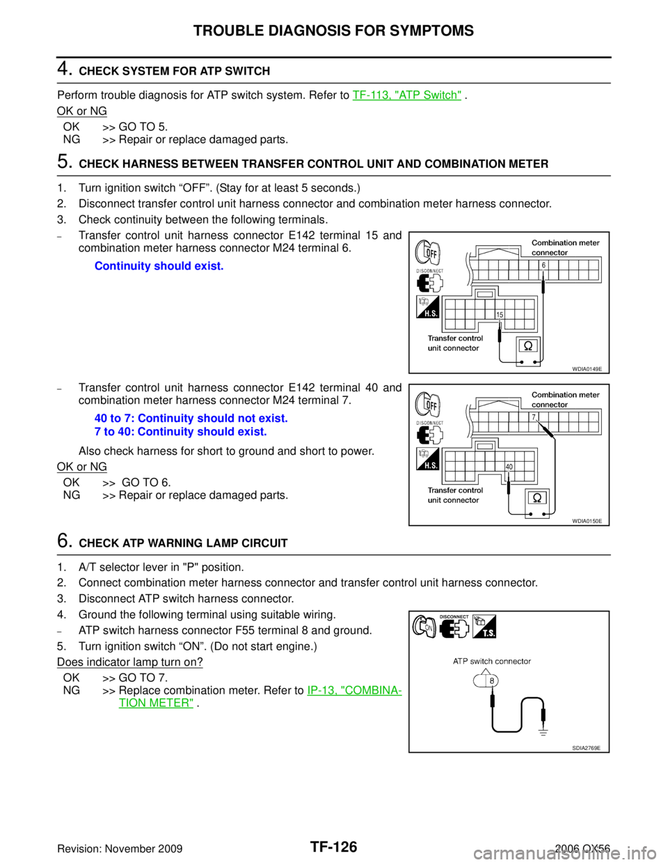 INFINITI QX56 2006  Factory Service Manual TF-126
TROUBLE DIAGNOSIS FOR SYMPTOMS
Revision: November 20092006 QX56
4. CHECK SYSTEM FOR ATP SWITCH
Perform trouble diagnosis for ATP switch system. Refer to  TF-113, "
ATP Switch" .
OK or NG
OK >> 