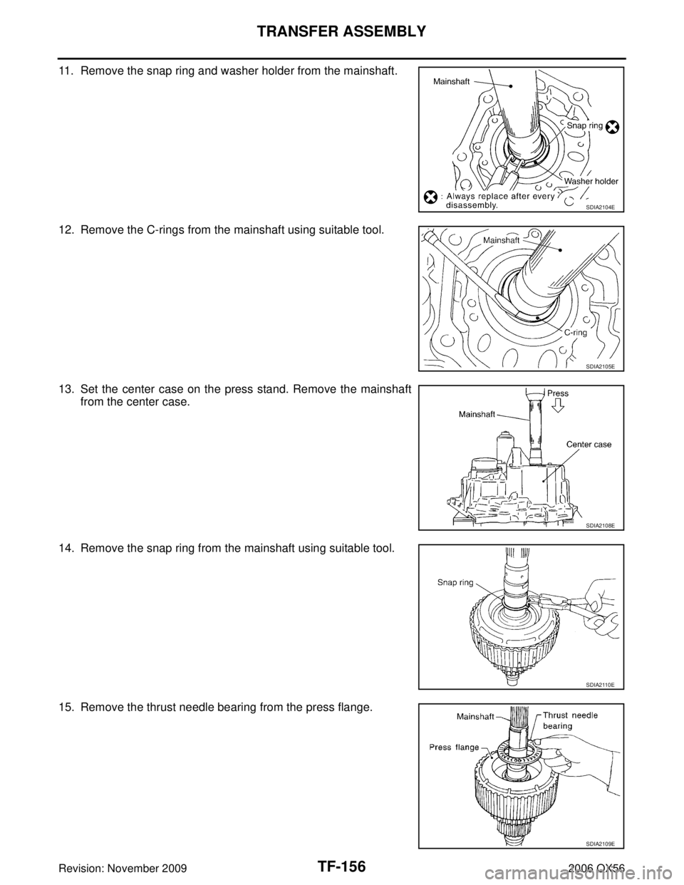 INFINITI QX56 2006  Factory Service Manual TF-156
TRANSFER ASSEMBLY
Revision: November 20092006 QX56
11. Remove the snap ring and washer holder from the mainshaft.
12. Remove the C-rings from the mainshaft using suitable tool.
13. Set the cent