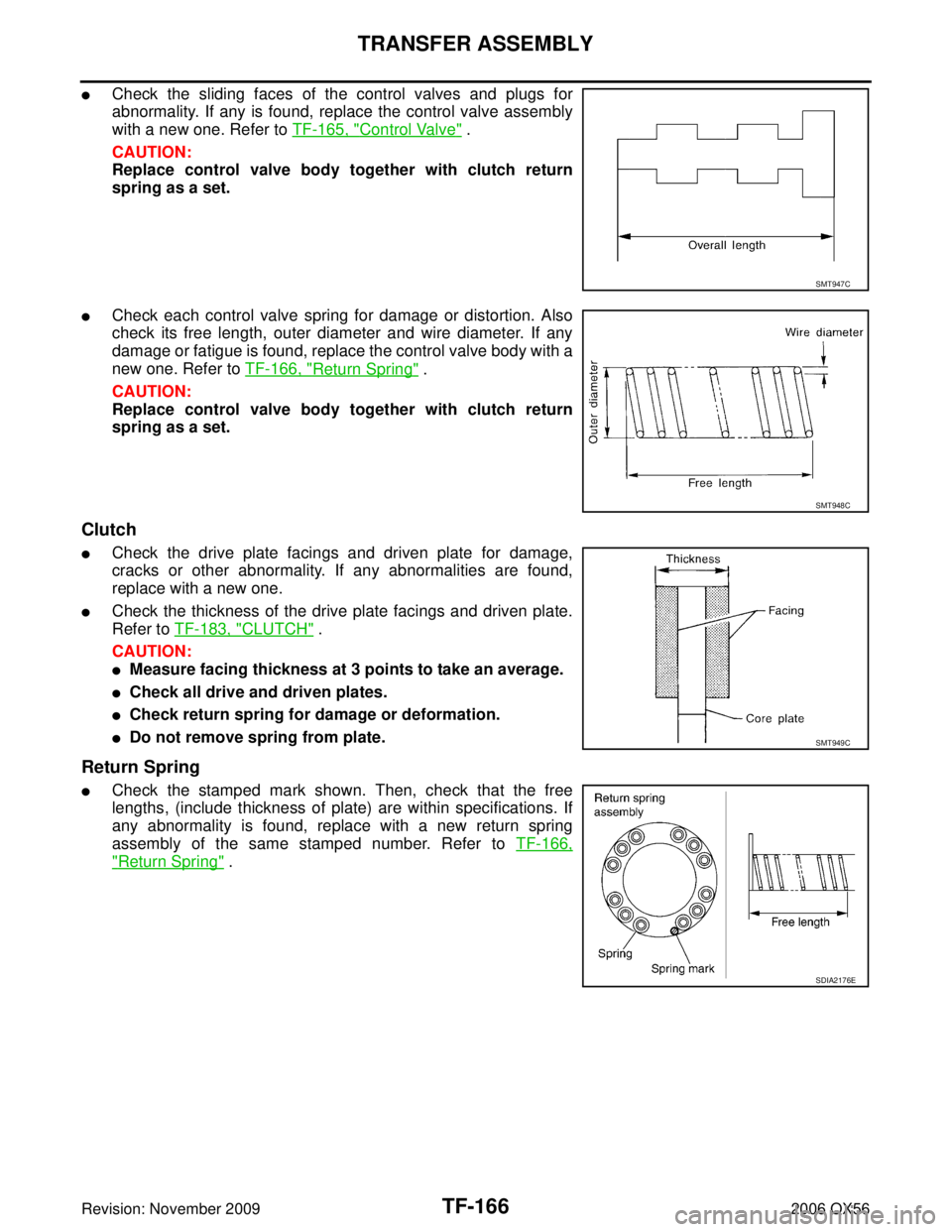 INFINITI QX56 2006  Factory Service Manual TF-166
TRANSFER ASSEMBLY
Revision: November 20092006 QX56
Check the sliding faces of the control valves and plugs for
abnormality. If any is found, replace the control valve assembly
with a new one. 