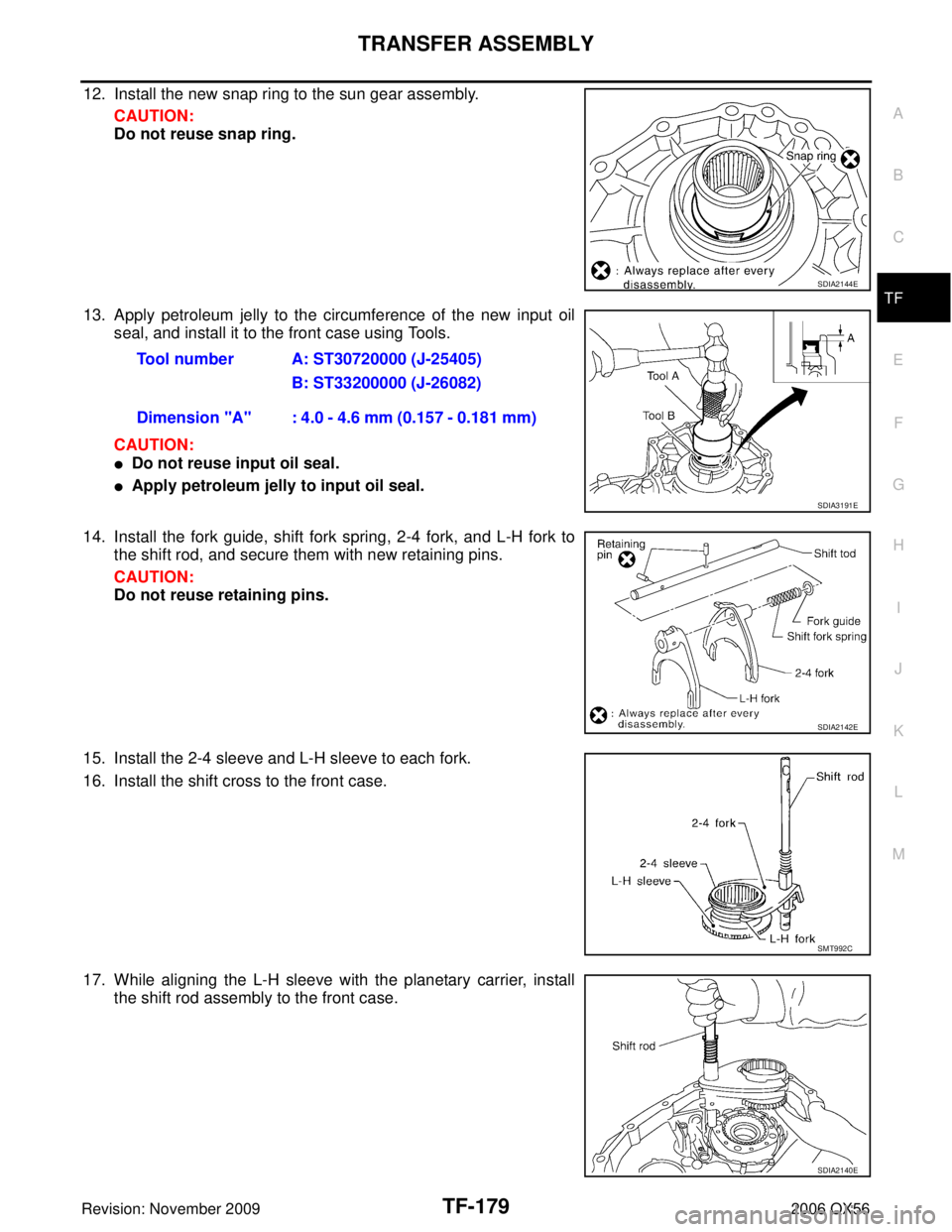 INFINITI QX56 2006  Factory Service Manual TRANSFER ASSEMBLYTF-179
CE F
G H
I
J
K L
M A
B
TF
Revision: November 2009 2006 QX56
12. Install the new snap ring to the sun gear assembly.
CAUTION:
Do not reuse snap ring.
13. Apply petroleum jelly t