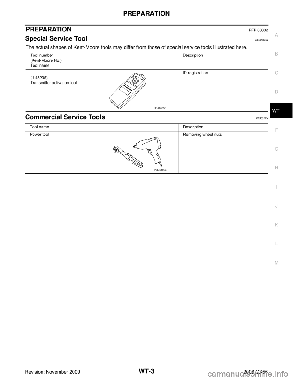 INFINITI QX56 2006  Factory Service Manual PREPARATIONWT-3
C
DF
G H
I
J
K L
M A
B
WT
Revision: November 2009 2006 QX56
PREPARATIONPFP:00002
Special Service ToolEES001HW
The actual shapes of Kent-Moore tools may differ from those of special ser