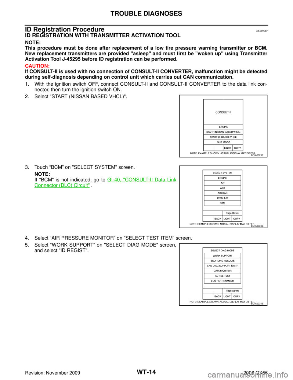 INFINITI QX56 2006  Factory Service Manual WT-14
TROUBLE DIAGNOSES
Revision: November 20092006 QX56
ID Registration ProcedureEES0025P
ID REGISTRATION WITH TRANSMITTER ACTIVATION TOOL
NOTE:
This procedure must be done after replacement of a low