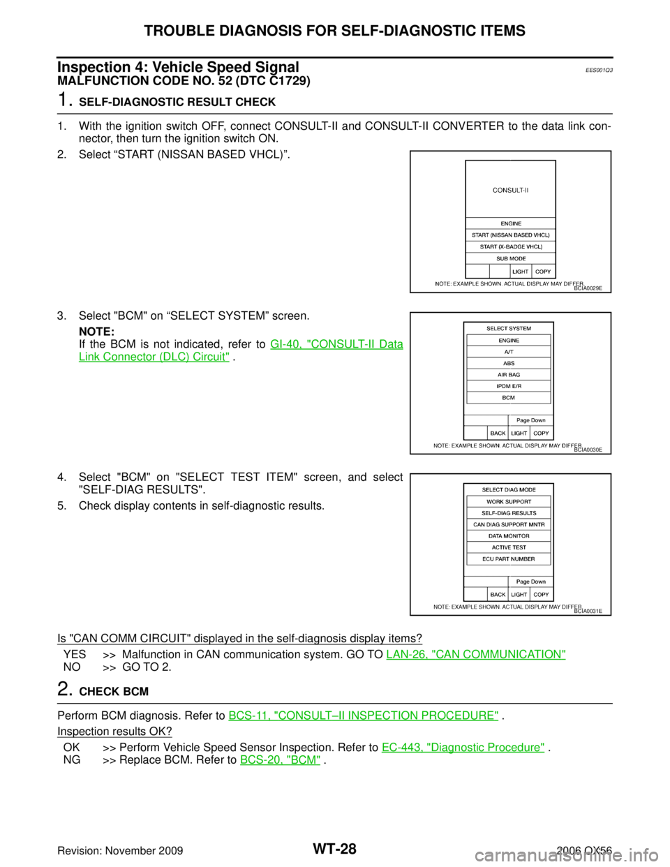 INFINITI QX56 2006 Factory Service Manual WT-28
TROUBLE DIAGNOSIS FOR SELF-DIAGNOSTIC ITEMS
Revision: November 20092006 QX56
Inspection 4: Vehicle Speed SignalEES001Q3
MALFUNCTION CODE NO. 52 (DTC C1729)
1. SELF-DIAGNOSTIC RESULT CHECK
1. Wit INFINITI QX56 2006 Factory Service Manual WT-28
TROUBLE DIAGNOSIS FOR SELF-DIAGNOSTIC ITEMS
Revision: November 20092006 QX56
Inspection 4: Vehicle Speed SignalEES001Q3
MALFUNCTION CODE NO. 52 (DTC C1729)
1. SELF-DIAGNOSTIC RESULT CHECK
1. Wit