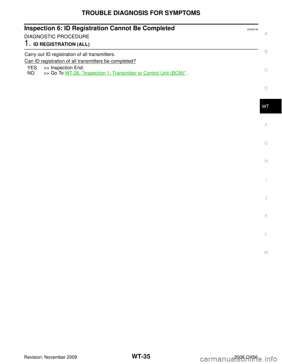INFINITI QX56 2006  Factory Service Manual TROUBLE DIAGNOSIS FOR SYMPTOMSWT-35
C
DF
G H
I
J
K L
M A
B
WT
Revision: November 2009 2006 QX56
Inspection 6: ID Registration Cannot Be CompletedEES001IM
DIAGNOSTIC PROCEDURE
1. ID REGISTRATION (ALL)
