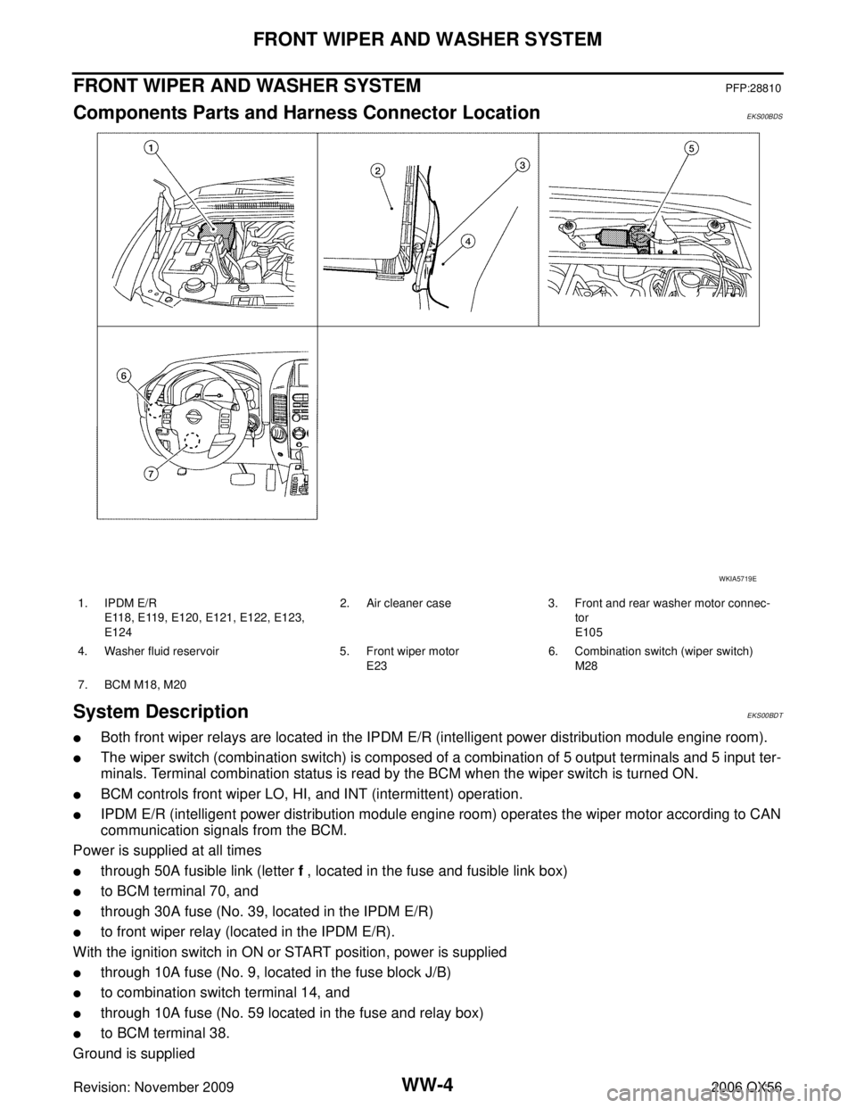 INFINITI QX56 2006 Factory Service Manual WW-4
FRONT WIPER AND WASHER SYSTEM
Revision: November 20092006 QX56
FRONT WIPER AND WASHER SYSTEMPFP:28810
Components Parts and Harness Connector LocationEKS00BDS
System DescriptionEKS00BDT
Both fron INFINITI QX56 2006 Factory Service Manual WW-4
FRONT WIPER AND WASHER SYSTEM
Revision: November 20092006 QX56
FRONT WIPER AND WASHER SYSTEMPFP:28810
Components Parts and Harness Connector LocationEKS00BDS
System DescriptionEKS00BDT
Both fron