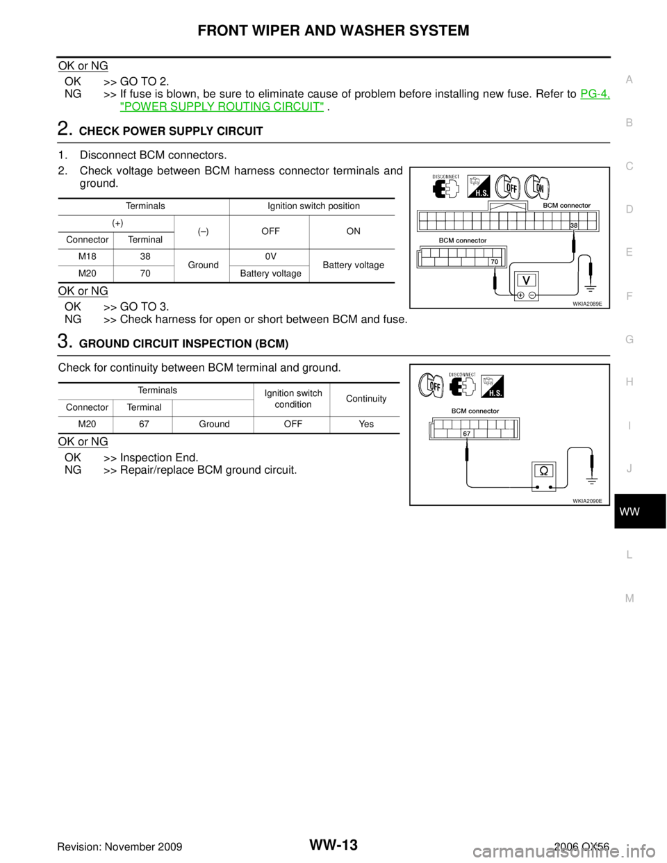 INFINITI QX56 2006  Factory Service Manual FRONT WIPER AND WASHER SYSTEMWW-13
C
DE
F
G H
I
J
L
M A
B
WW
Revision: November 2009 2006 QX56
OK or NG
OK >> GO TO 2.
NG >> If fuse is blown, be sure to eliminate cause of problem before installing n