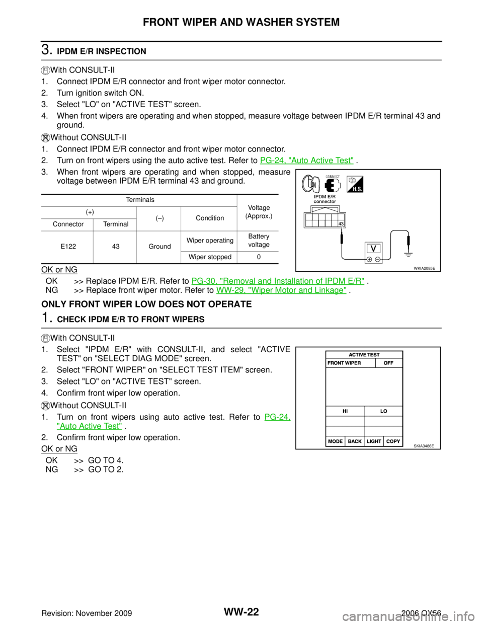 INFINITI QX56 2006 Factory Service Manual WW-22
FRONT WIPER AND WASHER SYSTEM
Revision: November 20092006 QX56
3. IPDM E/R INSPECTION
With CONSULT-II
1. Connect IPDM E/R connector and front wiper motor connector.
2. Turn ignition switch ON.
3 INFINITI QX56 2006 Factory Service Manual WW-22
FRONT WIPER AND WASHER SYSTEM
Revision: November 20092006 QX56
3. IPDM E/R INSPECTION
With CONSULT-II
1. Connect IPDM E/R connector and front wiper motor connector.
2. Turn ignition switch ON.
3