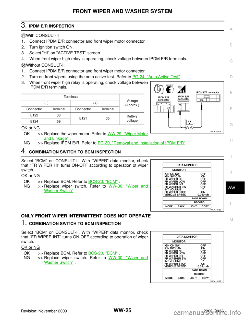 INFINITI QX56 2006 Factory Service Manual FRONT WIPER AND WASHER SYSTEMWW-25
C
DE
F
G H
I
J
L
M A
B
WW
Revision: November 2009 2006 QX56
3. IPDM E/R INSPECTION
With CONSULT-II
1. Connect IPDM E/R connector and front wiper motor connector.
2. INFINITI QX56 2006 Factory Service Manual FRONT WIPER AND WASHER SYSTEMWW-25
C
DE
F
G H
I
J
L
M A
B
WW
Revision: November 2009 2006 QX56
3. IPDM E/R INSPECTION
With CONSULT-II
1. Connect IPDM E/R connector and front wiper motor connector.
2.