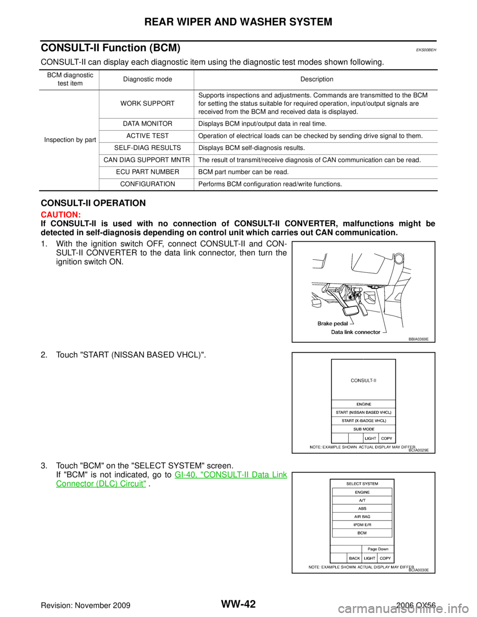INFINITI QX56 2006  Factory Service Manual WW-42
REAR WIPER AND WASHER SYSTEM
Revision: November 20092006 QX56
CONSULT-II Function (BCM)EKS00BEH
CONSULT-II can display each diagnostic item using the diagnostic test modes shown following.
CONSU