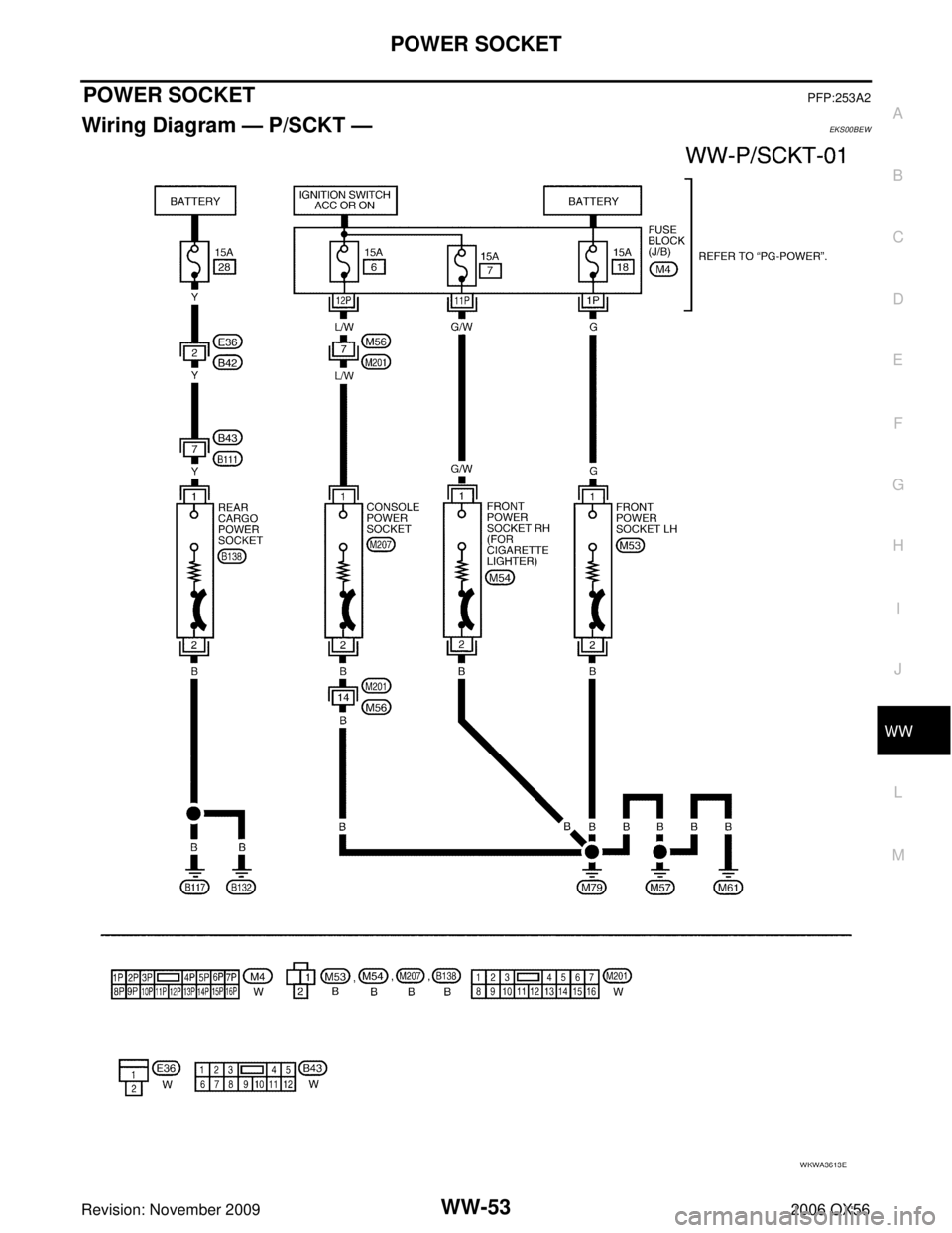 INFINITI QX56 2006  Factory Service Manual POWER SOCKETWW-53
C
DE
F
G H
I
J
L
M A
B
WW
Revision: November 2009 2006 QX56
POWER SOCKETPFP:253A2
Wiring Diagram — P/SCKT — EKS00BEW
WKWA3613E 