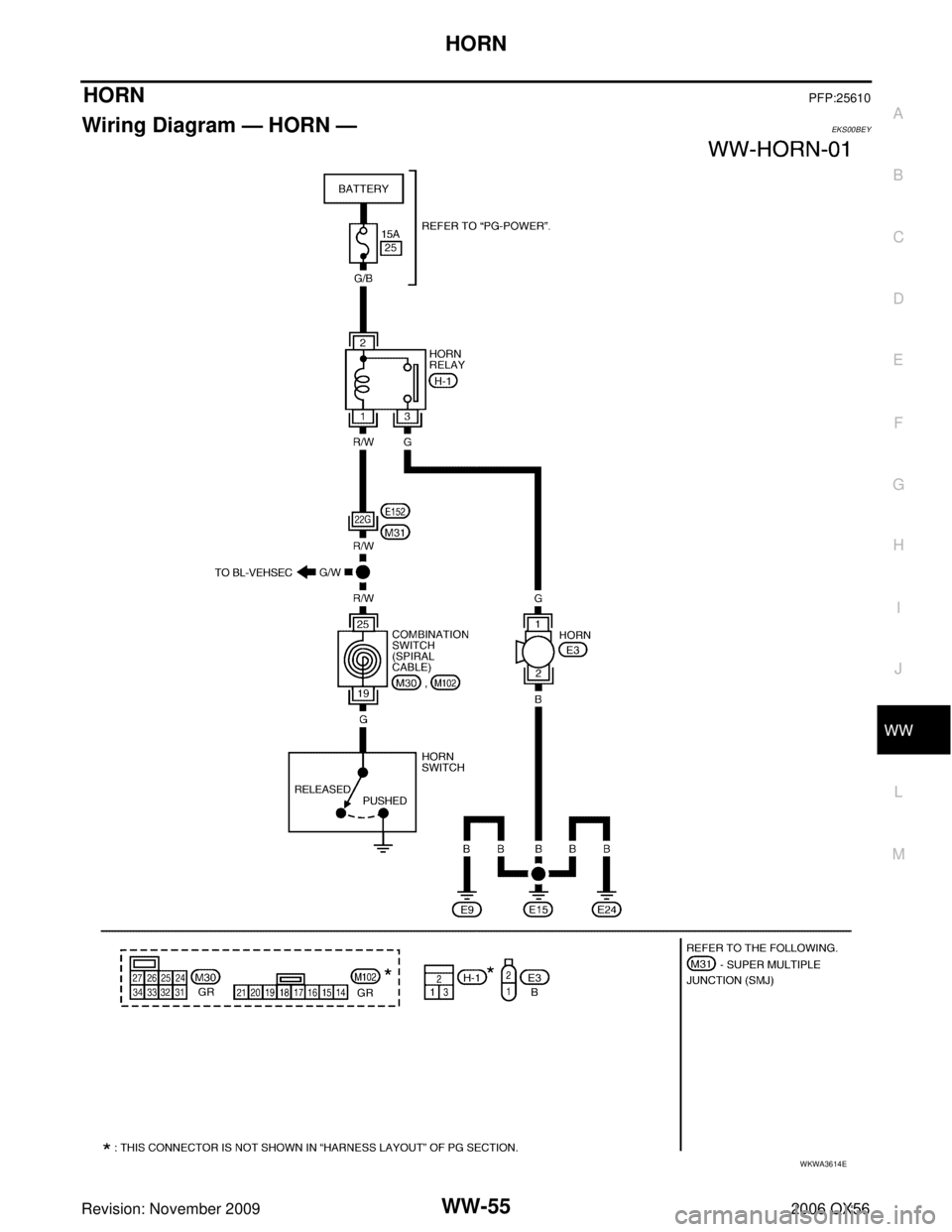 INFINITI QX56 2006  Factory Service Manual HORN
WW-55
C
D E
F
G H
I
J
L
M A
B
WW
Revision: November 2009 2006 QX56
HORNPFP:25610
Wiring Diagram — HORN — EKS00BEY
WKWA3614E 