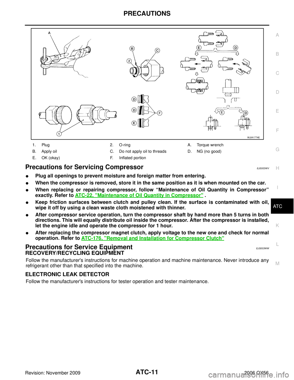 INFINITI QX56 2006 Factory Service Manual PRECAUTIONSATC-11
C
DE
F
G H
I
K L
M A
B
AT C
Revision: November 2009 2006 QX56
Precautions for Servicing CompressorEJS003WV
Plug all openings to prevent moisture and foreign matter from entering.
W INFINITI QX56 2006 Factory Service Manual PRECAUTIONSATC-11
C
DE
F
G H
I
K L
M A
B
AT C
Revision: November 2009 2006 QX56
Precautions for Servicing CompressorEJS003WV
Plug all openings to prevent moisture and foreign matter from entering.
W