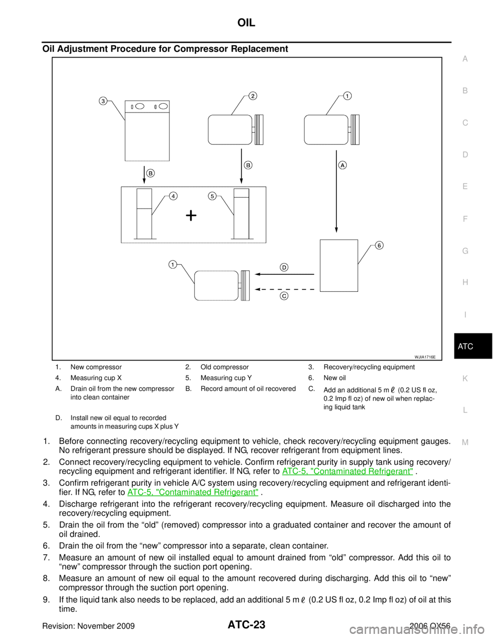 INFINITI QX56 2006 Factory Service Manual OIL
ATC-23
C
D E
F
G H
I
K L
M A
B
AT C
Revision: November 2009 2006 QX56
Oil Adjustment Procedure for Compressor Replacement
1. Before connecting recovery/recycling equipment to vehicle, check recove INFINITI QX56 2006 Factory Service Manual OIL
ATC-23
C
D E
F
G H
I
K L
M A
B
AT C
Revision: November 2009 2006 QX56
Oil Adjustment Procedure for Compressor Replacement
1. Before connecting recovery/recycling equipment to vehicle, check recove