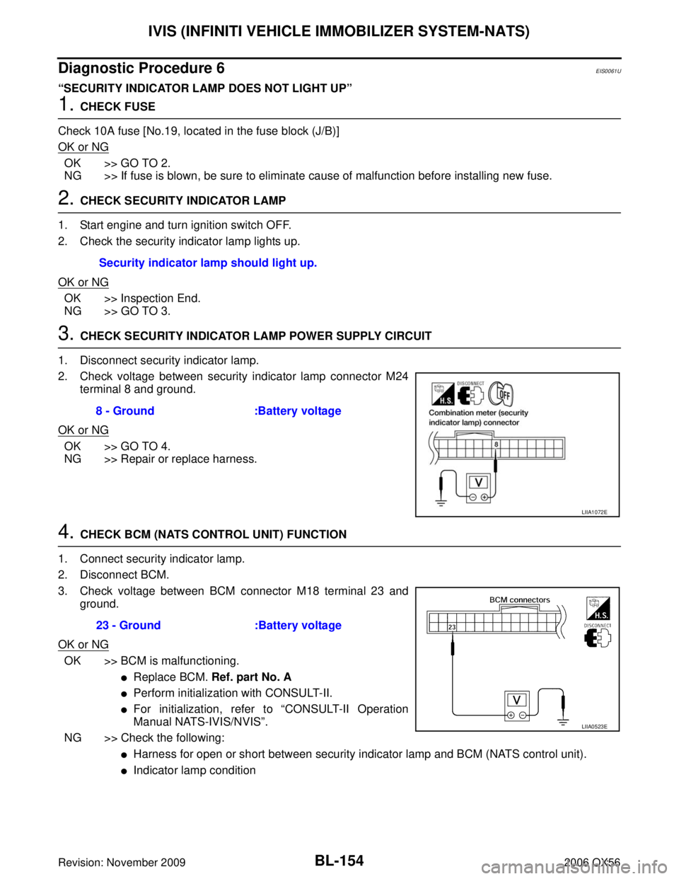 INFINITI QX56 2006 Factory Service Manual BL-154
IVIS (INFINITI VEHICLE IMMOBILIZER SYSTEM-NATS)
Revision: November 20092006 QX56
Diagnostic Procedure 6EIS0061U
“SECURITY INDICATOR LAMP DOES NOT LIGHT UP”
1. CHECK FUSE
Check 10A fuse [No. INFINITI QX56 2006 Factory Service Manual BL-154
IVIS (INFINITI VEHICLE IMMOBILIZER SYSTEM-NATS)
Revision: November 20092006 QX56
Diagnostic Procedure 6EIS0061U
“SECURITY INDICATOR LAMP DOES NOT LIGHT UP”
1. CHECK FUSE
Check 10A fuse [No.