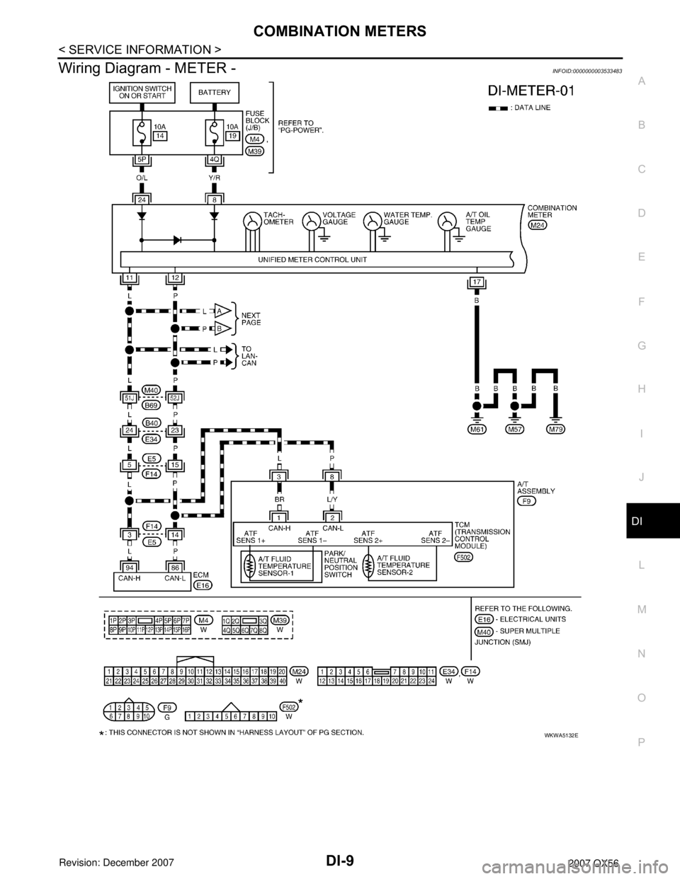 INFINITI QX56 2007  Factory Service Manual 
COMBINATION METERSDI-9
< SERVICE INFORMATION >
C
DE
F
G H
I
J
L
M A
B
DI
N
O P
Wiring Diagram - METER -INFOID:0000000003533483
WKWA5132E 