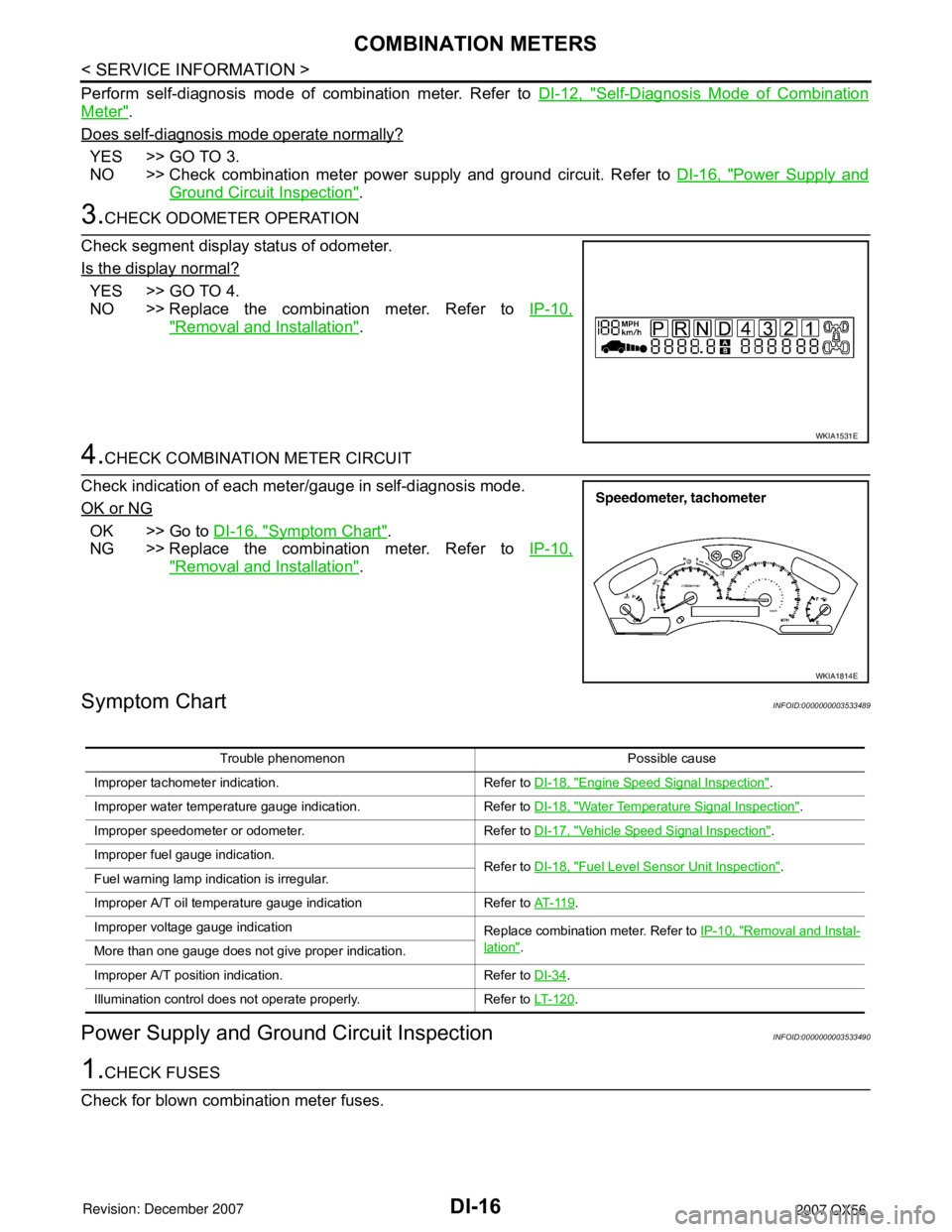 INFINITI QX56 2007 Factory Service Manual
DI-16
< SERVICE INFORMATION >
COMBINATION METERS
Perform self-diagnosis mode of combination meter. Refer to DI-12, "Self-Diagnosis Mode of Combination
Meter".
Does self-diagnosis mode operate normall INFINITI QX56 2007 Factory Service Manual
DI-16
< SERVICE INFORMATION >
COMBINATION METERS
Perform self-diagnosis mode of combination meter. Refer to DI-12, "Self-Diagnosis Mode of Combination
Meter".
Does self-diagnosis mode operate normall