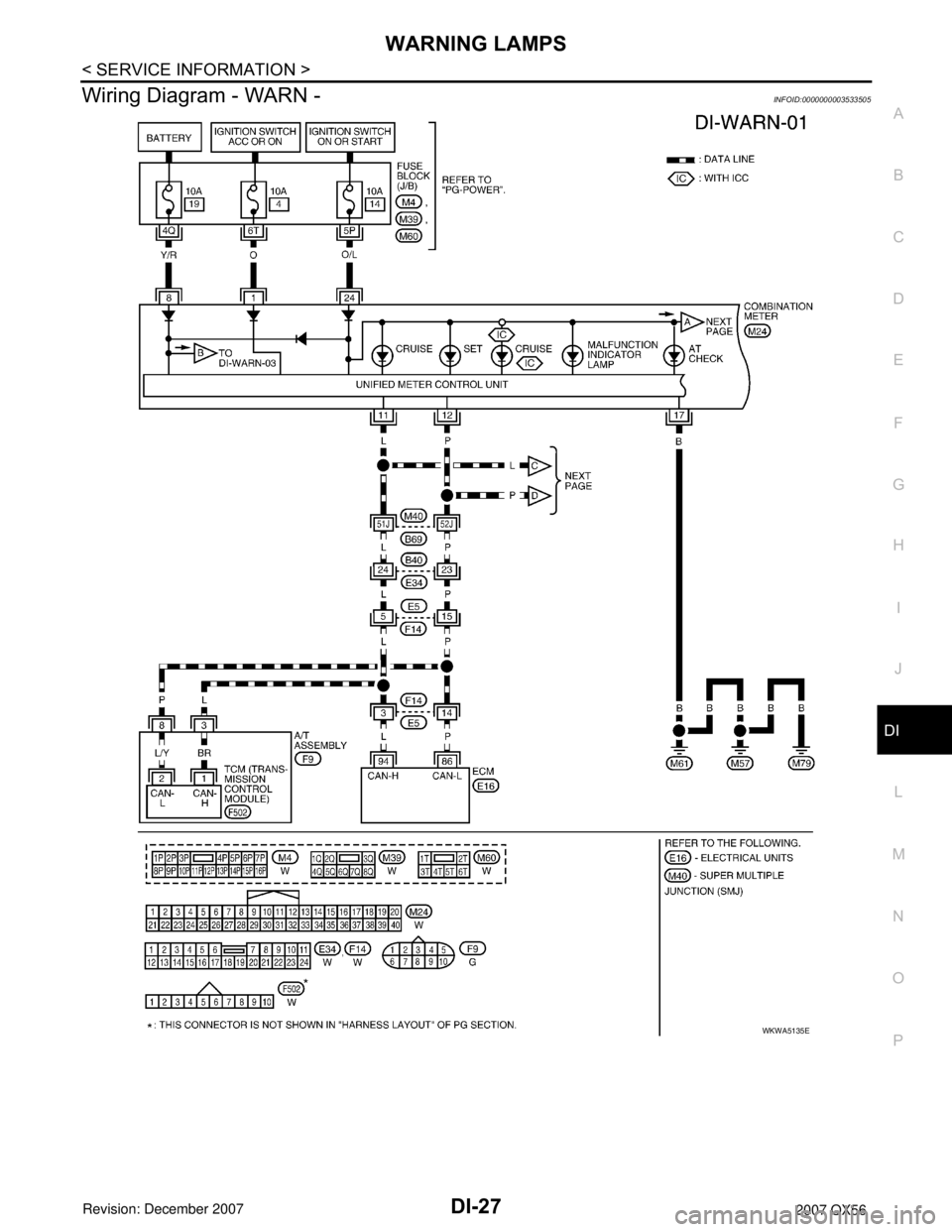 INFINITI QX56 2007  Factory Service Manual WARNING LAMPS
DI-27
< SERVICE INFORMATION >
C
D
E
F
G
H
I
J
L
MA
B
DI
N
O
P
Wiring Diagram - WARN -INFOID:0000000003533505
WKWA5135E 
