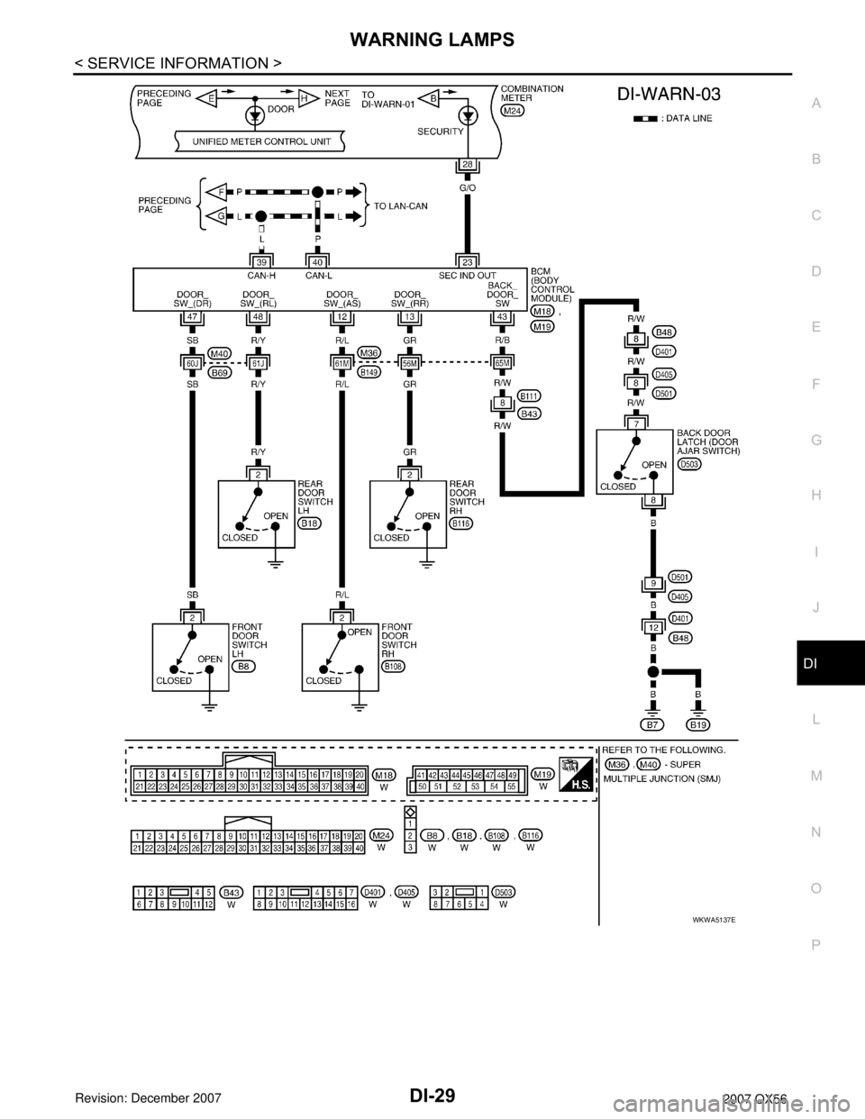 INFINITI QX56 2007  Factory Service Manual WARNING LAMPS
DI-29
< SERVICE INFORMATION >
C
D
E
F
G
H
I
J
L
MA
B
DI
N
O
P
WKWA5137E 