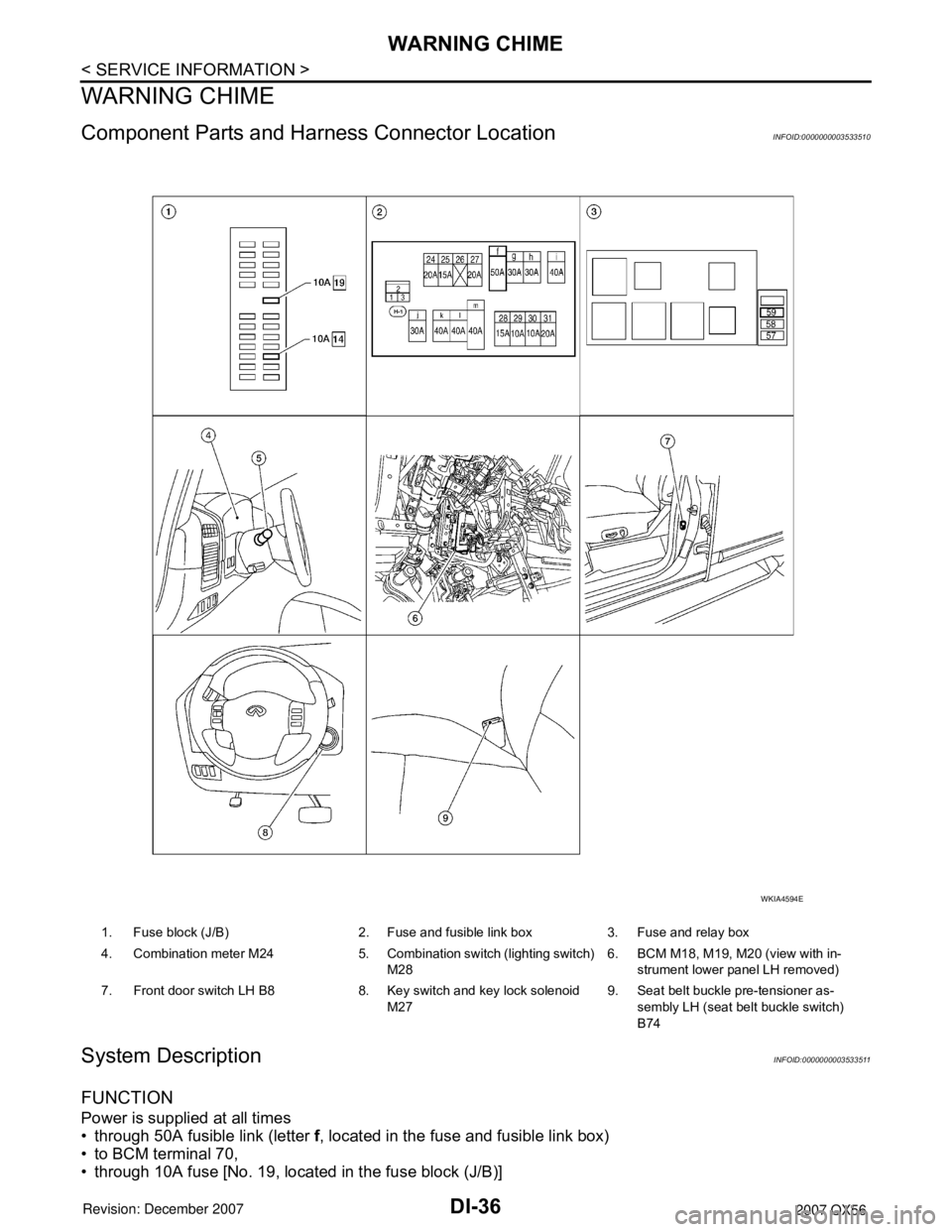 INFINITI QX56 2007  Factory Service Manual DI-36
< SERVICE INFORMATION >
WARNING CHIME
WARNING CHIME
Component Parts and Harness Connector LocationINFOID:0000000003533510
System DescriptionINFOID:0000000003533511
FUNCTION
Power is supplied at 
