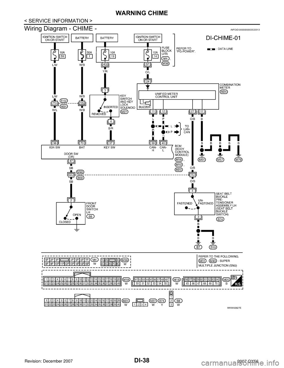 INFINITI QX56 2007  Factory Service Manual DI-38
< SERVICE INFORMATION >
WARNING CHIME
Wiring Diagram - CHIME -
INFOID:0000000003533513
WKWA3627E 