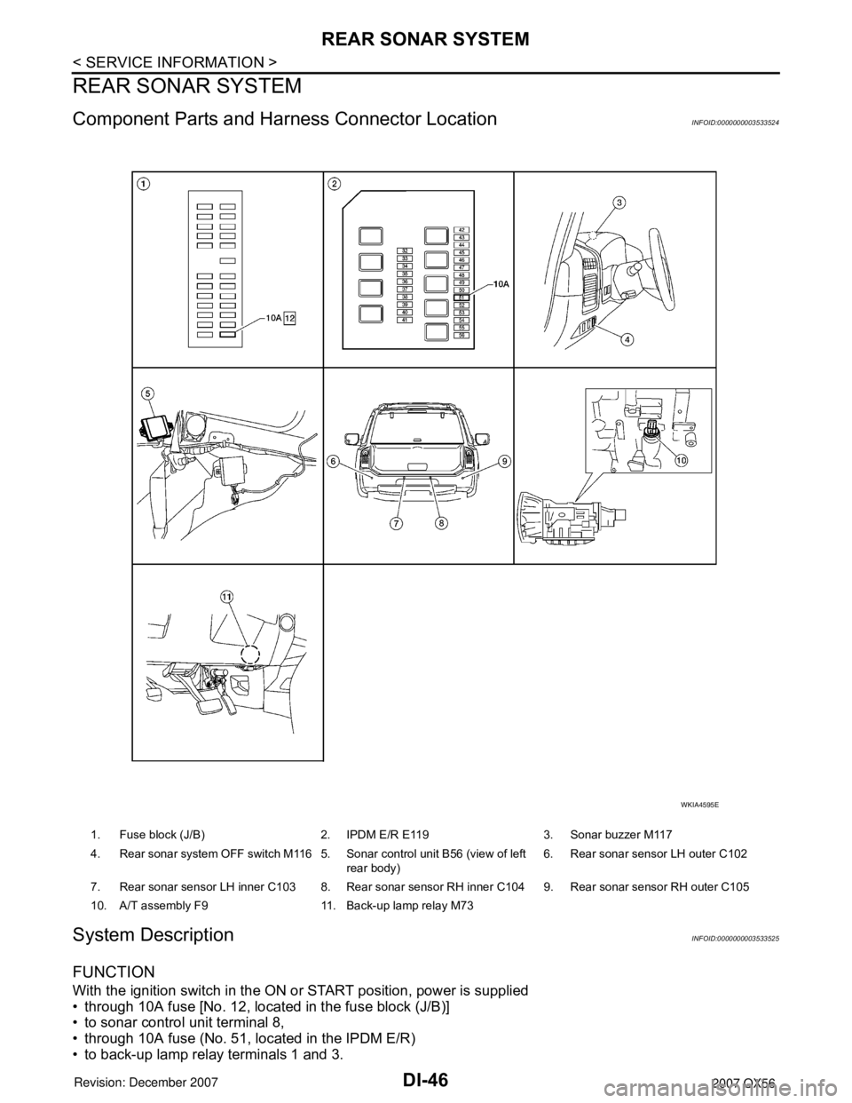 INFINITI QX56 2007  Factory Service Manual DI-46
< SERVICE INFORMATION >
REAR SONAR SYSTEM
REAR SONAR SYSTEM
Component Parts and Harness Connector LocationINFOID:0000000003533524
System DescriptionINFOID:0000000003533525
FUNCTION
With the igni